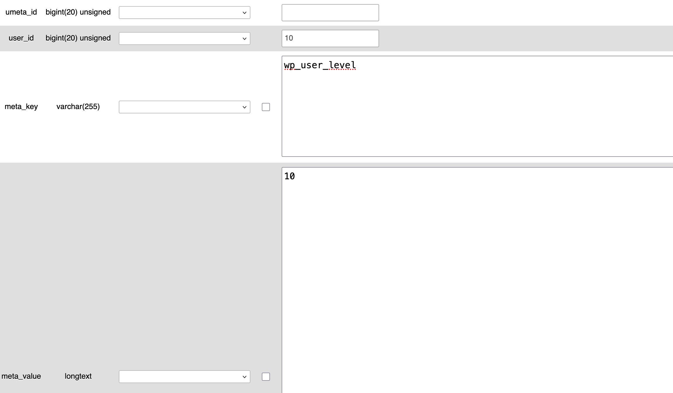 Adding metadata to the wp_usermeta table in phpMyAdmin.