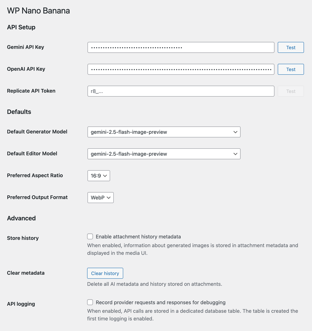 Réglages de l'extension WP Nano Banana pour créer des images IA dans WordPress