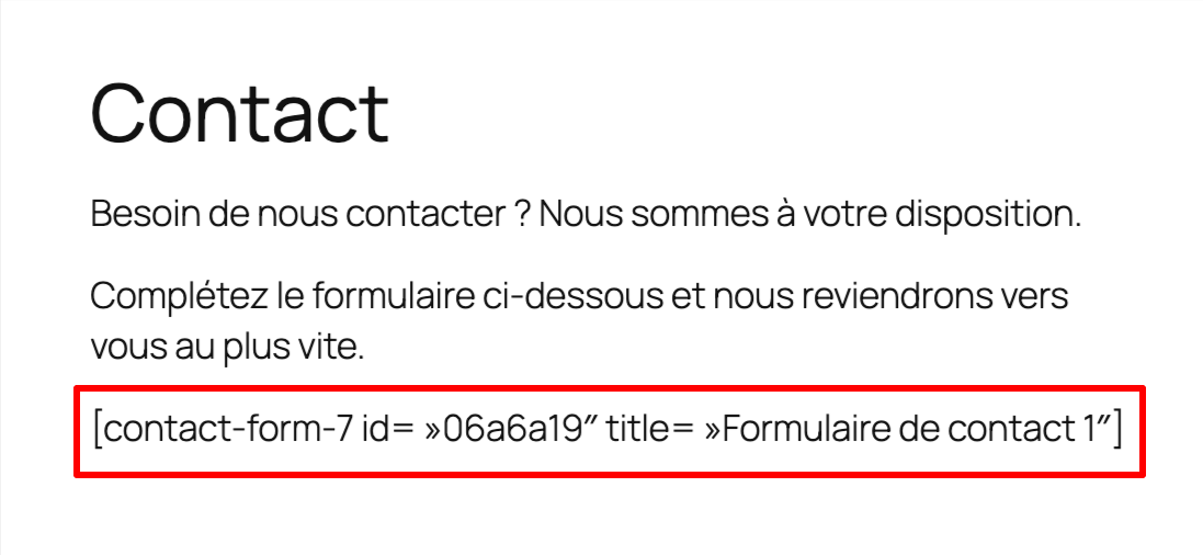 Exemple d'un shortcode inutilisé sur WordPress après la désactivation du plugin Contact Form 7