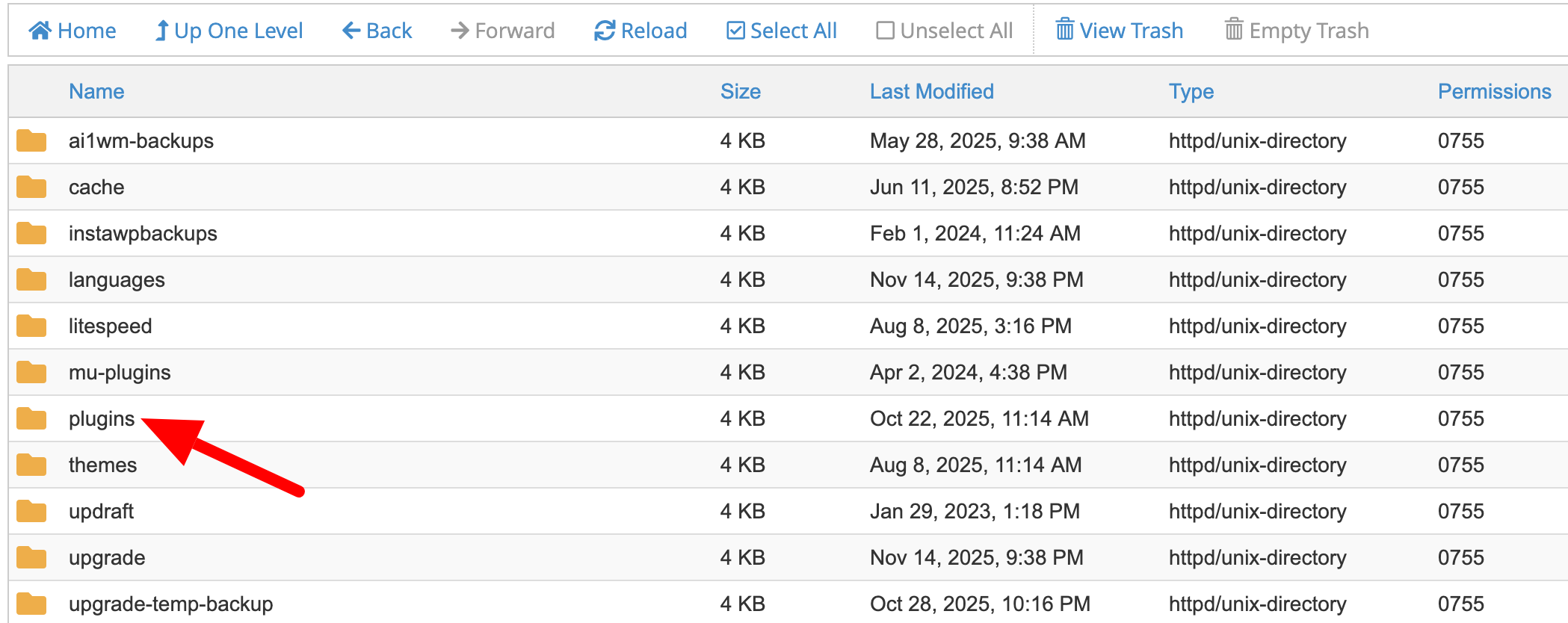 Screenshot of the wp-content folder in cPanel, with a red arrow pointing to the "plugins" folder.