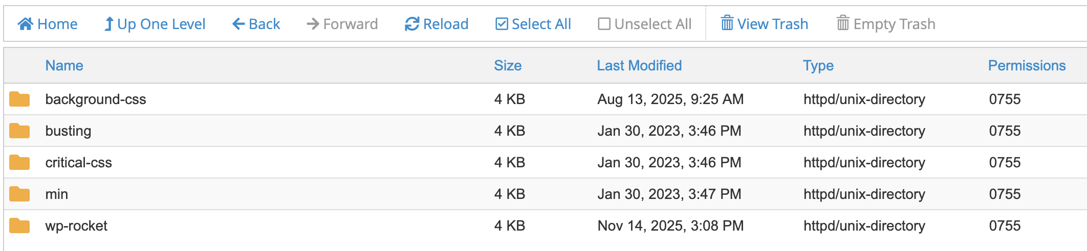 Screenshot of the wp-content/cache folder in cPanel.