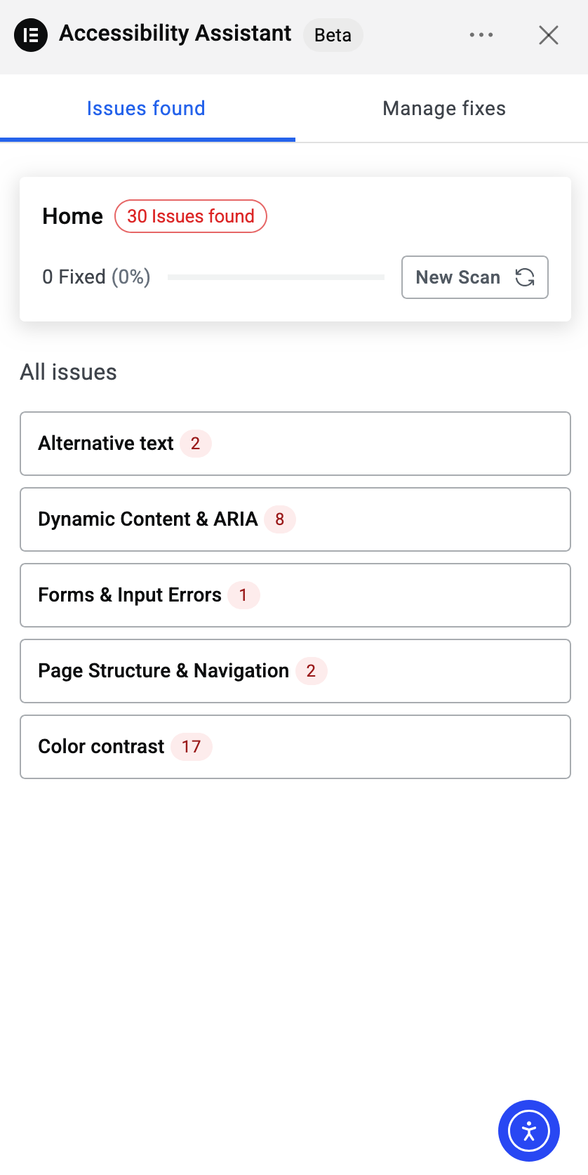 Résultats du scanner d'accessibilité d'Elementor One.