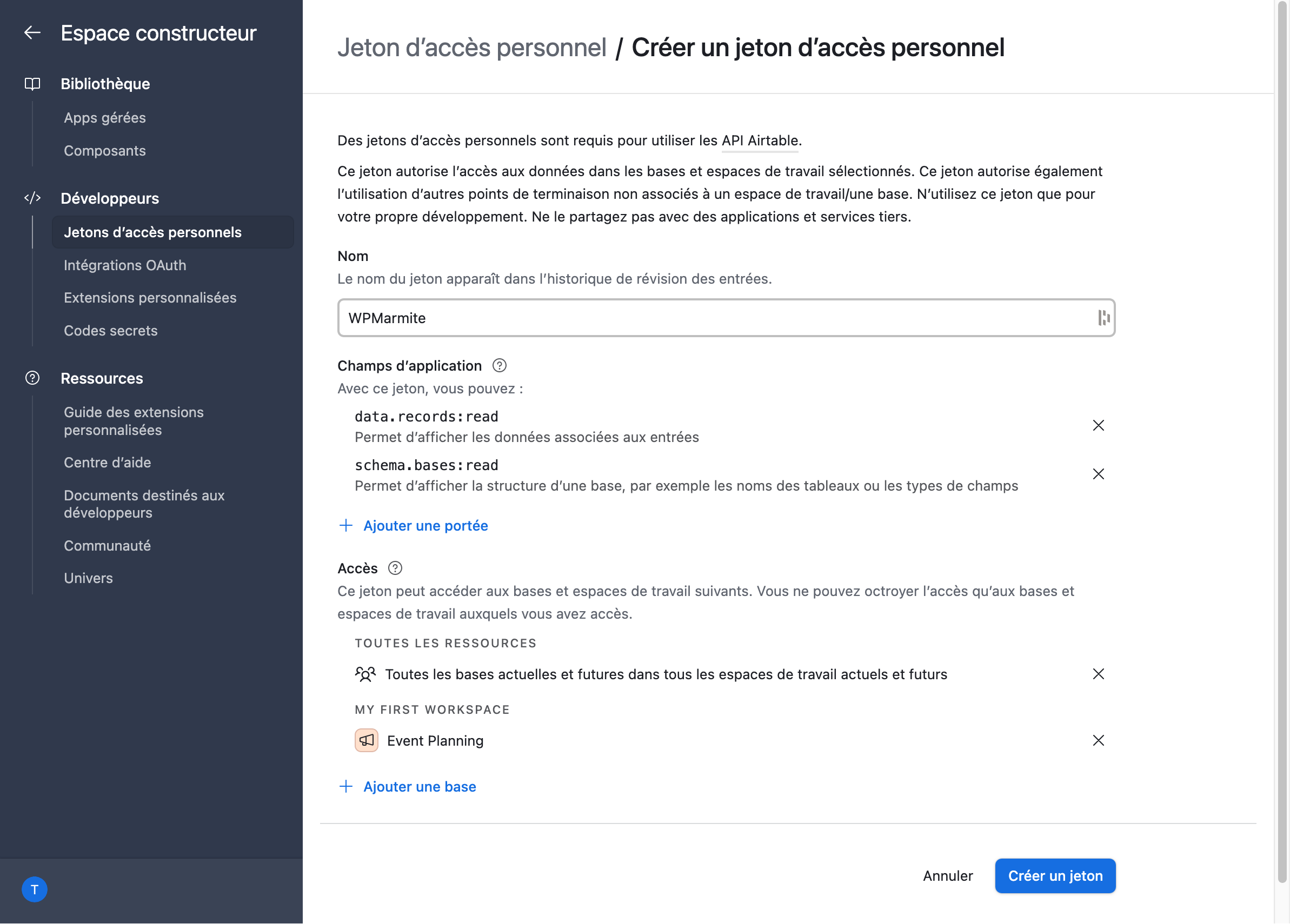 Paramétrage d'un jeton personnel sur Airtable.