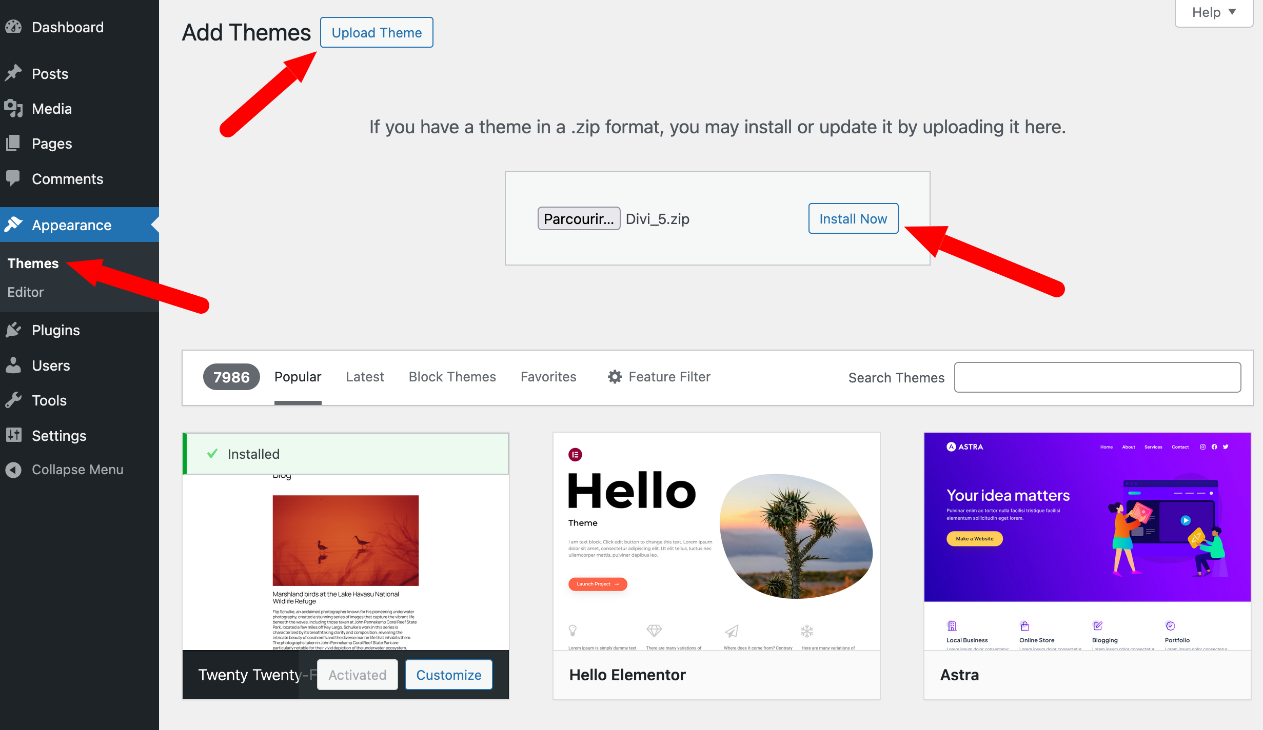 Divi 5 installation on WordPress admin.