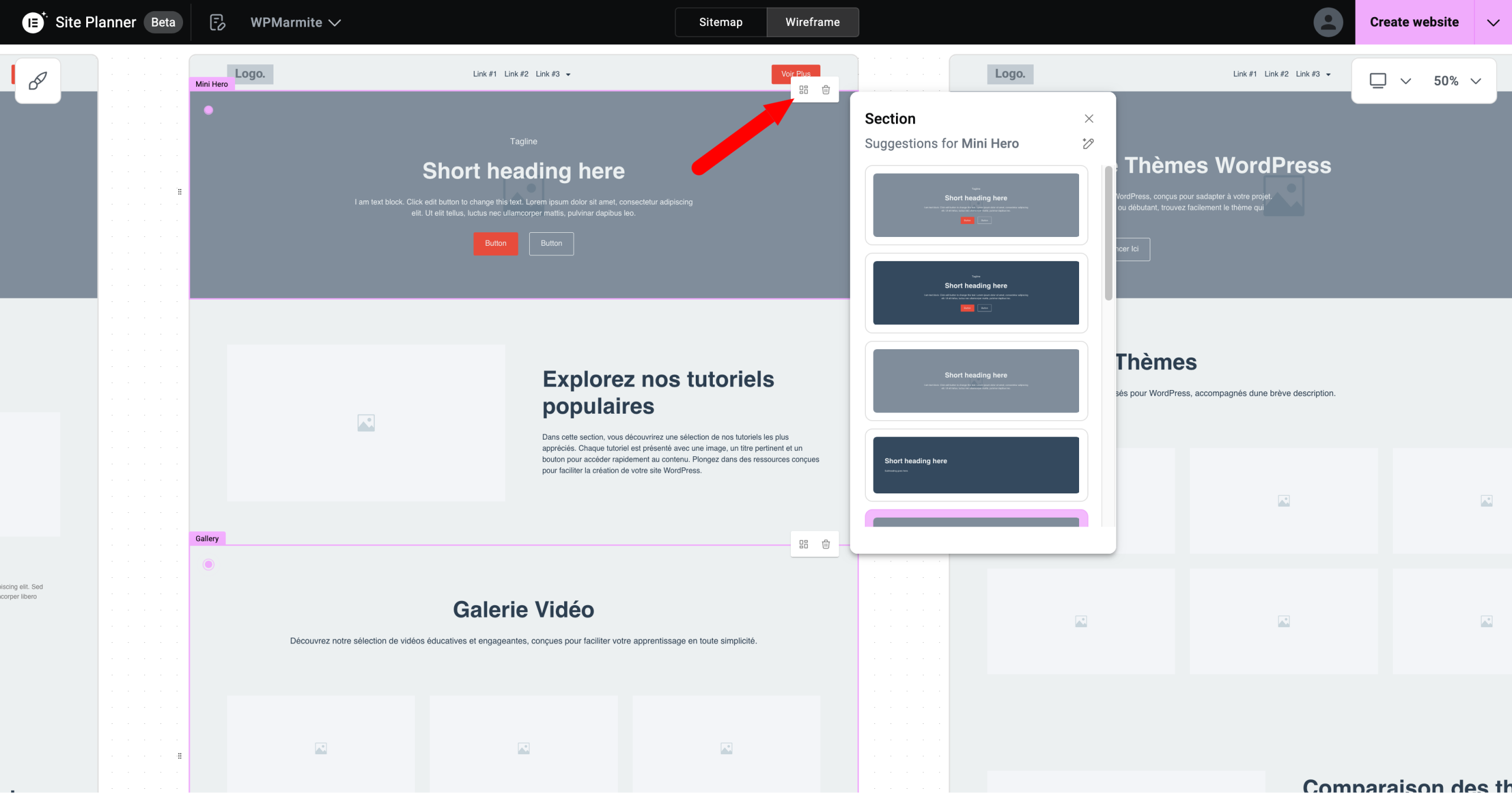 Modification de wireframes sur le SitePlanner d'Elementor.
