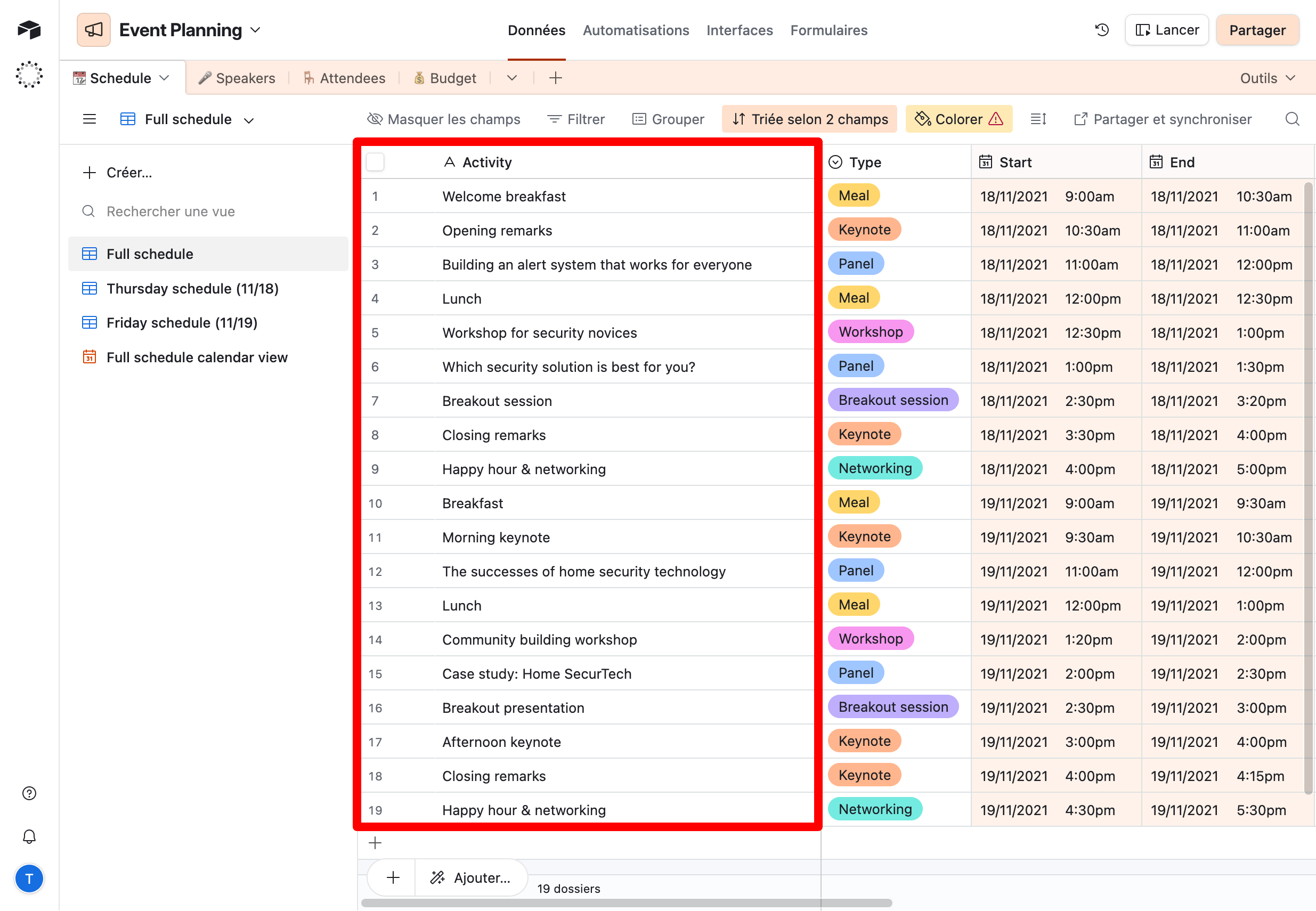Liste originale des activités contenues dans une base de données Airtable.