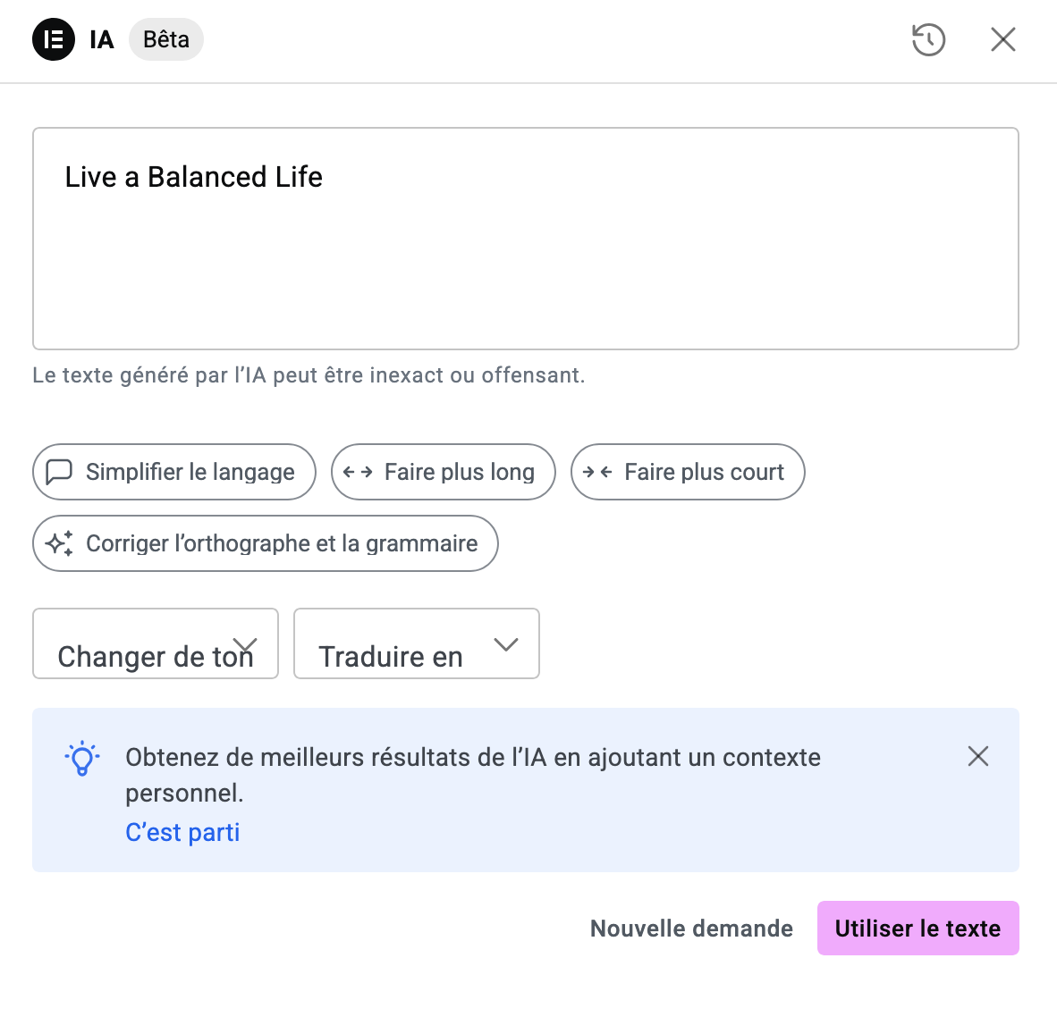 Options de texte IA avec Elementor One.