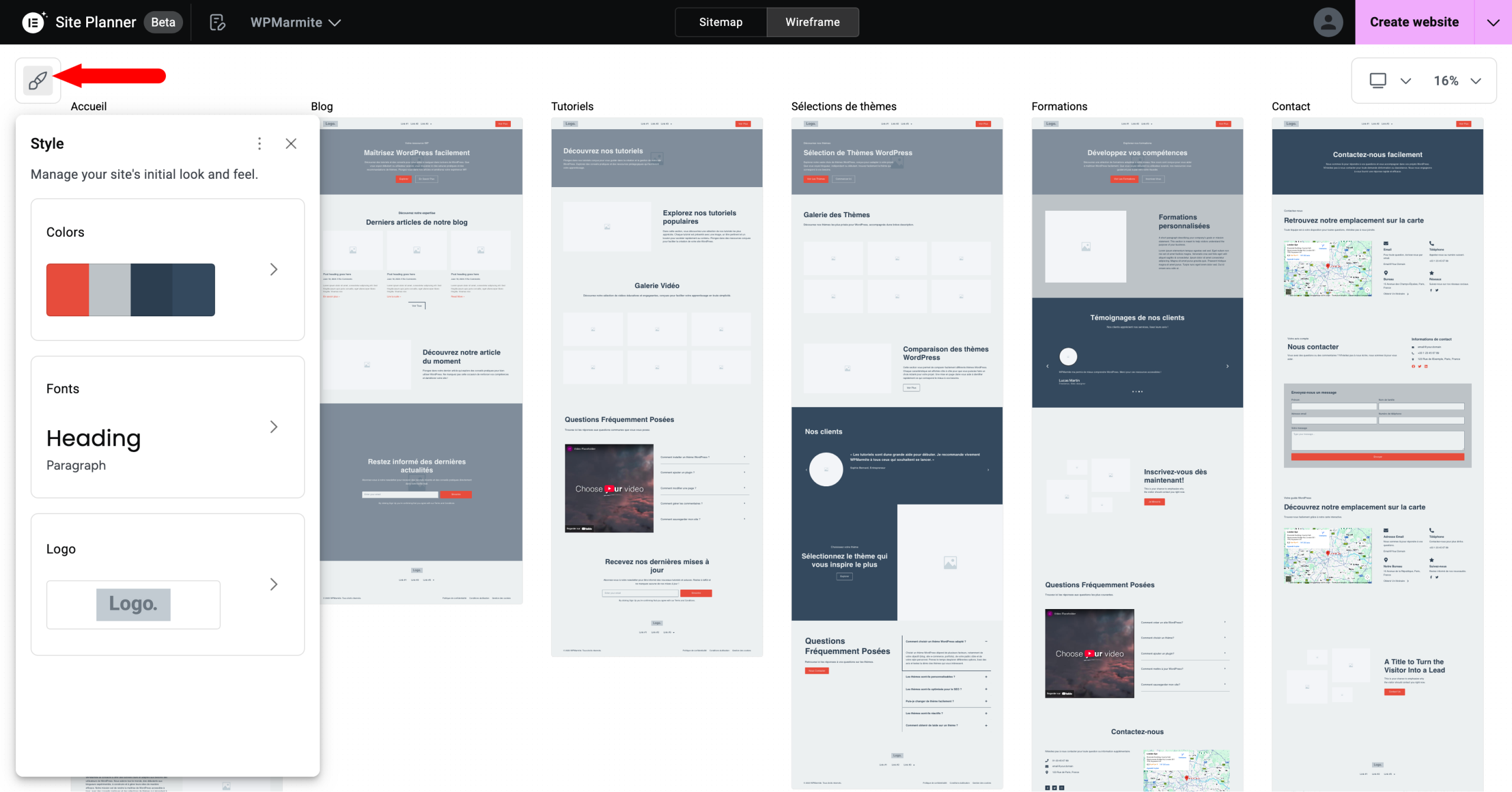 Modification des styles sur le Site Planner d'Elementor.