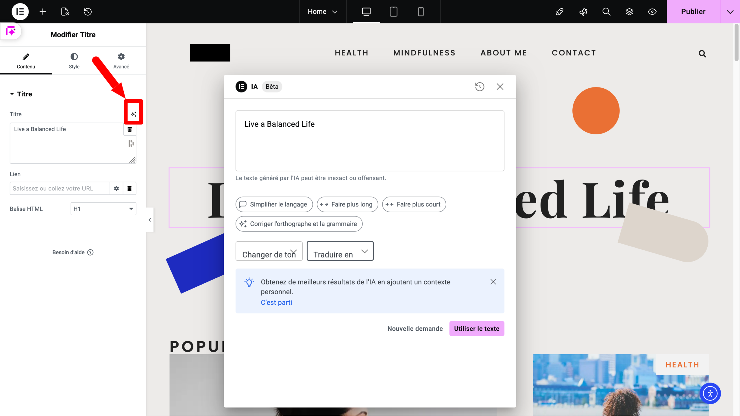 Modification de texte sur Elementor AI.