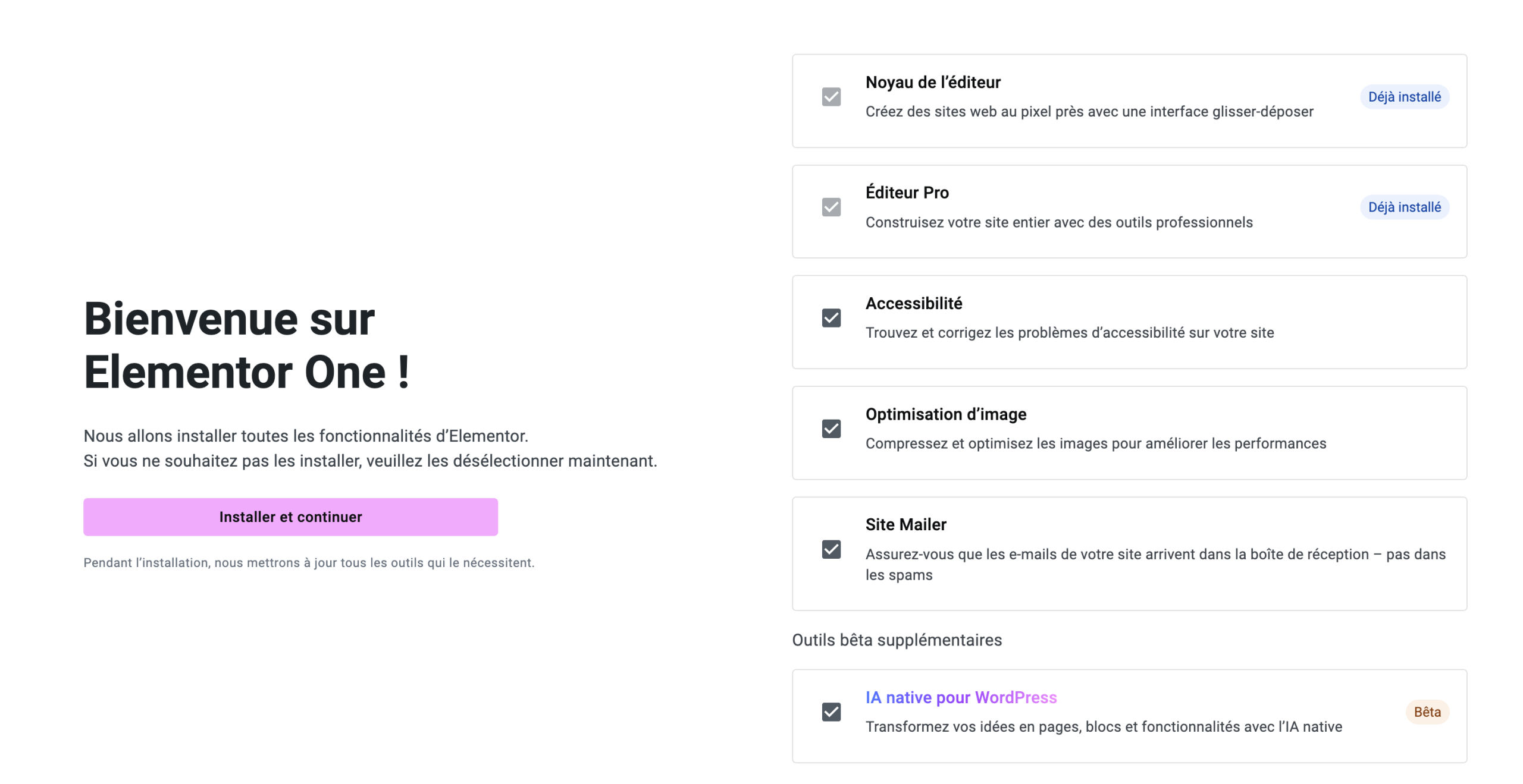 Ecran de bienvenue sur Elementor One.
