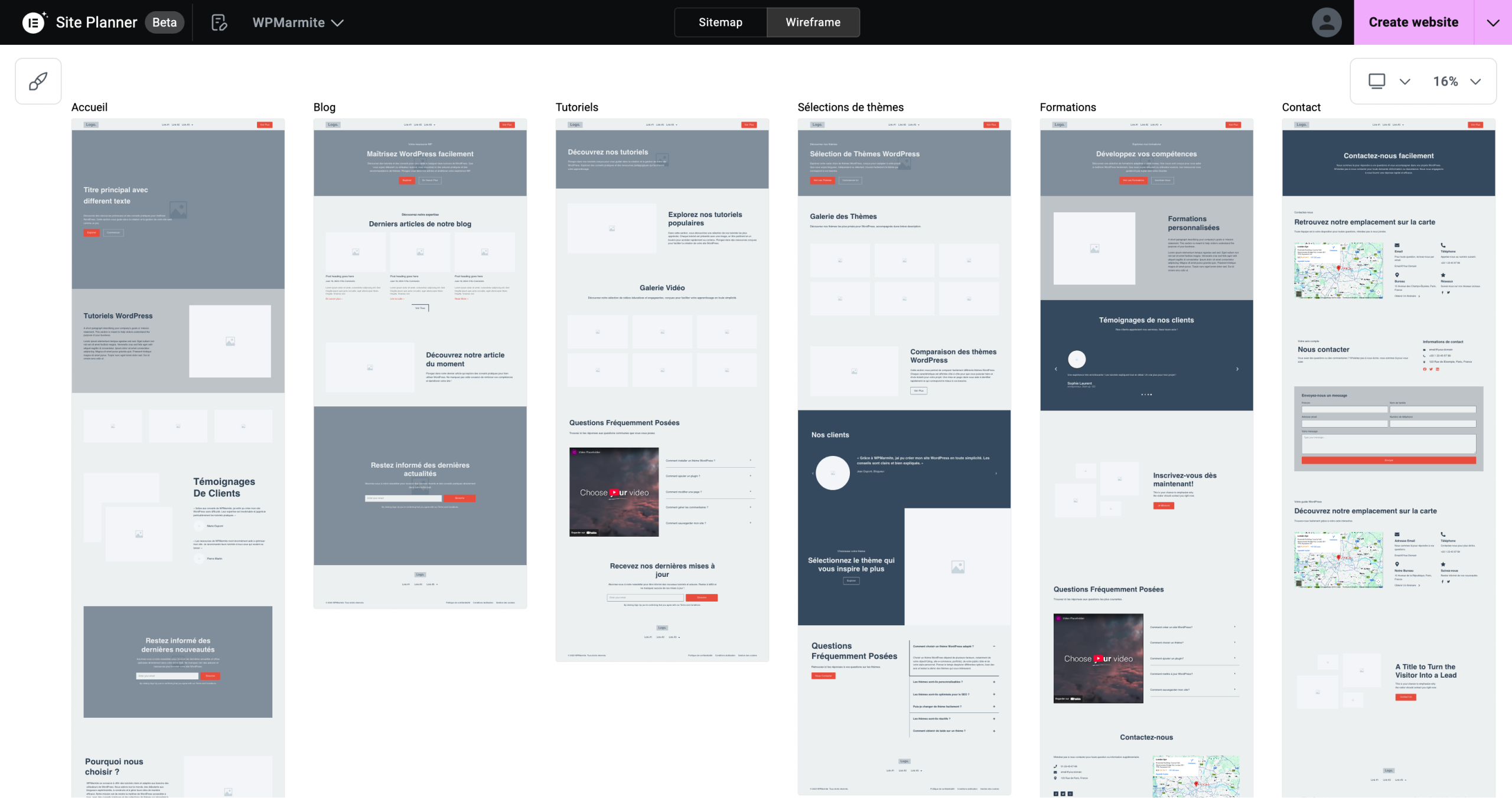 Les wireframes du Site Planner d'Elementor.