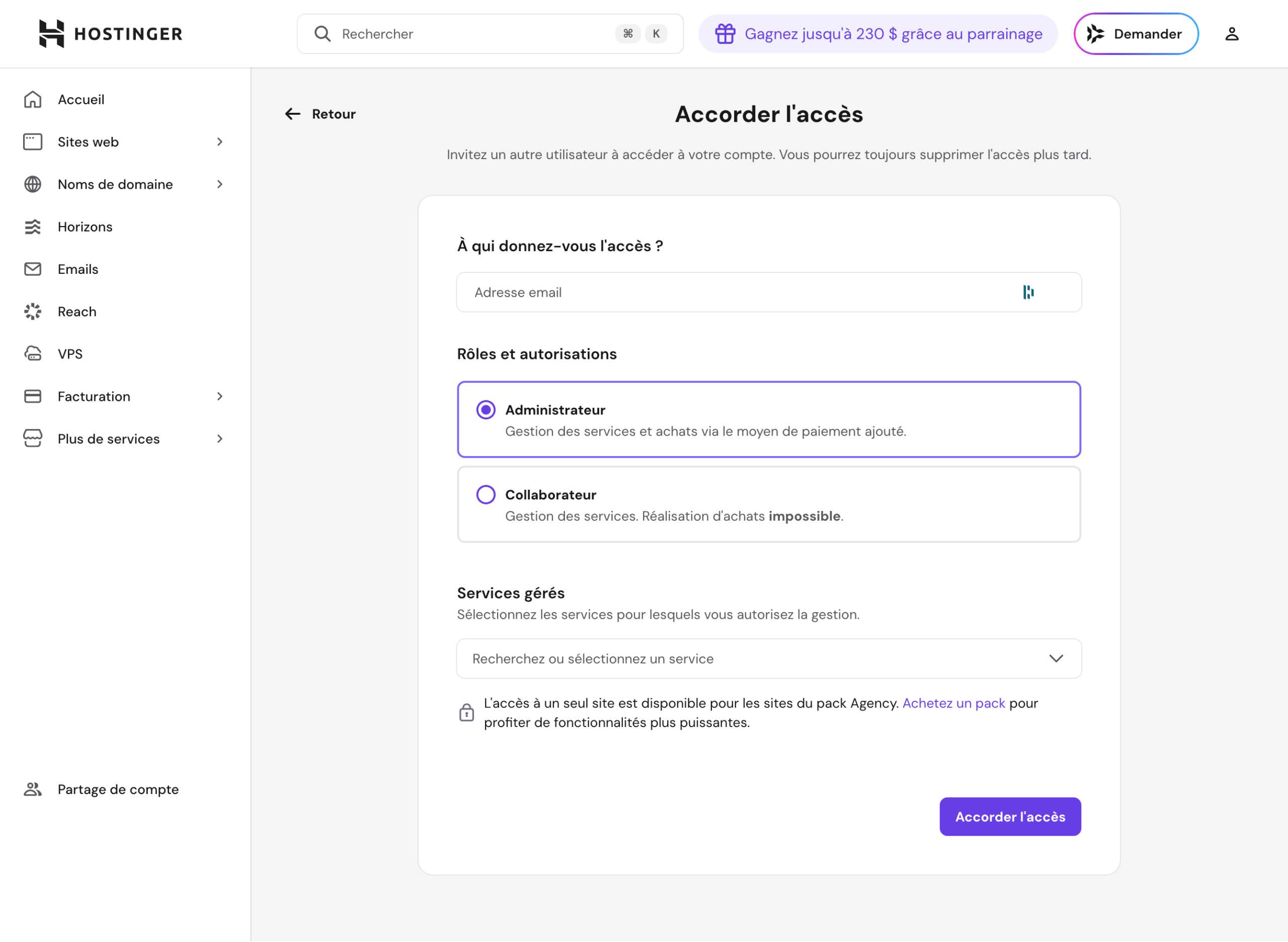 Accord d'un accès au hPanel.