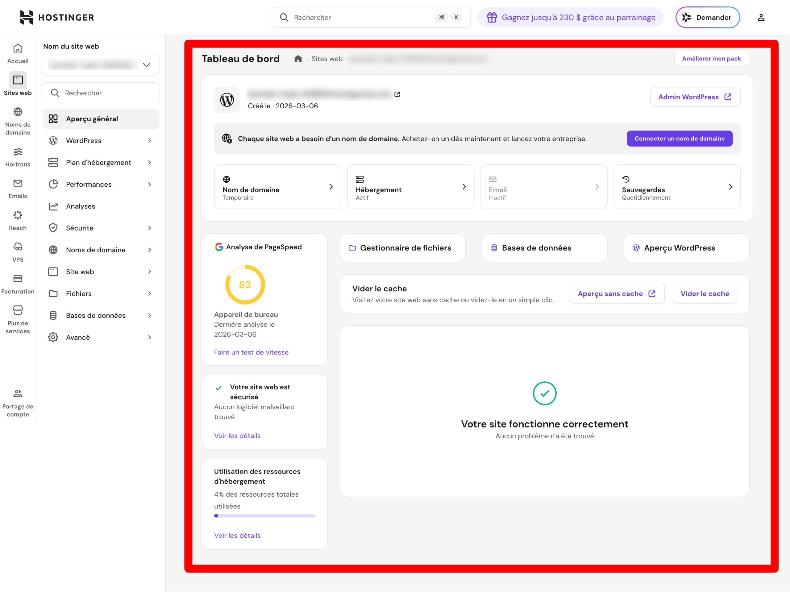 Actions rapides proposées sur le hPanel.