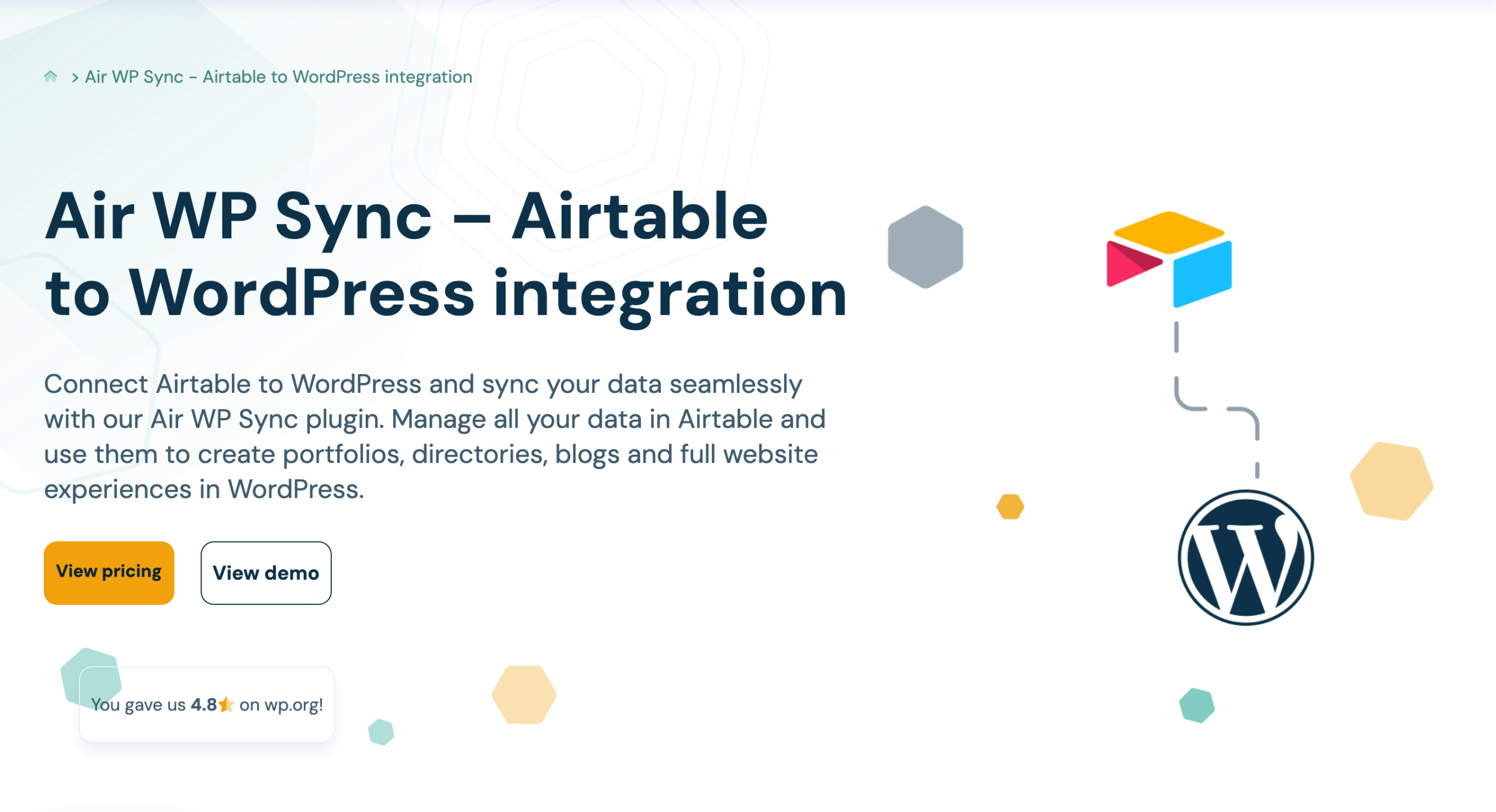 The home page of the Air WP Sync plugin.