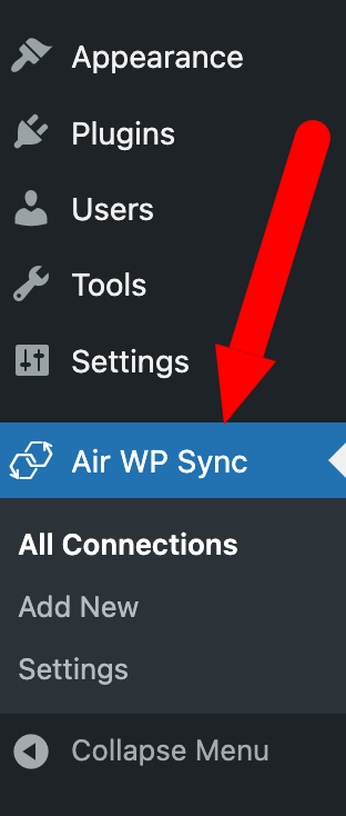 The Air WP Sync menu in the WordPress admin sidebar.