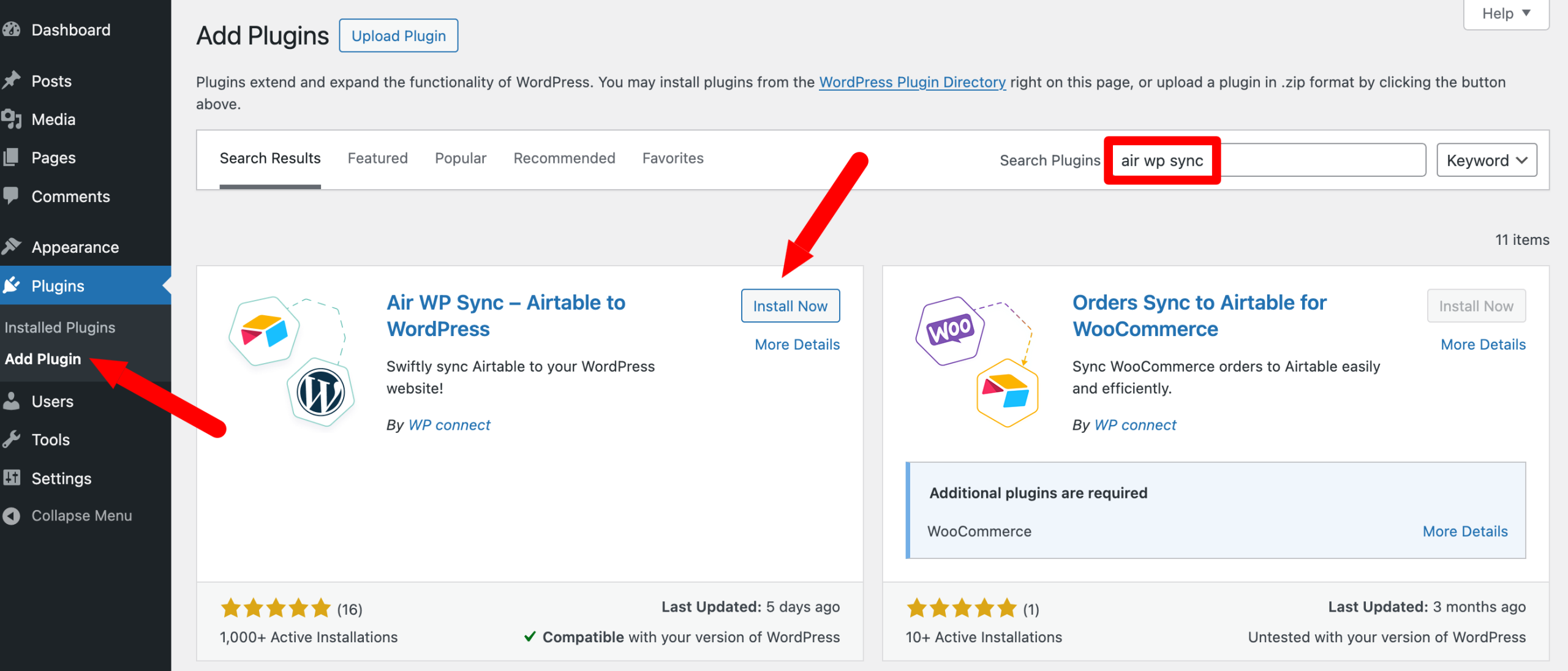 Screenshot of the "Add plugin" page in the wordPress admin, with "air wp sync" typed in the search bar and a red arrow pointing to "Install now."