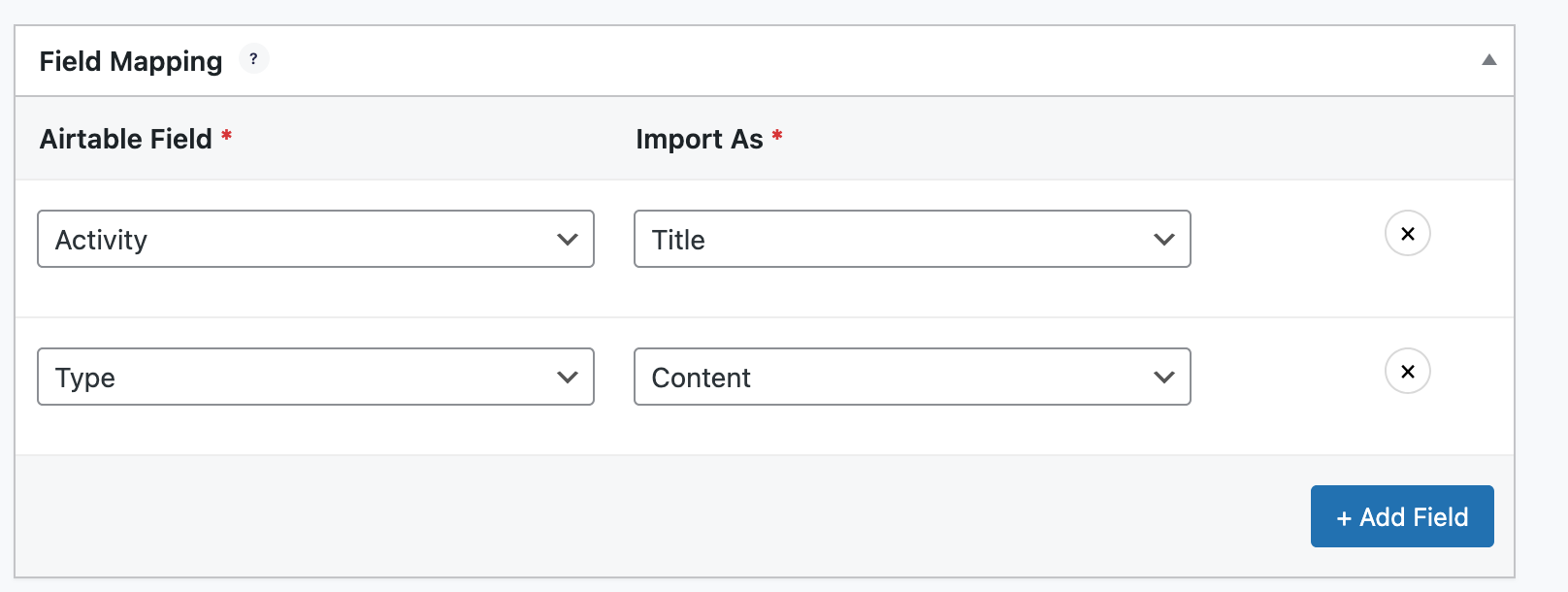 Air WP Sync mapping settings.