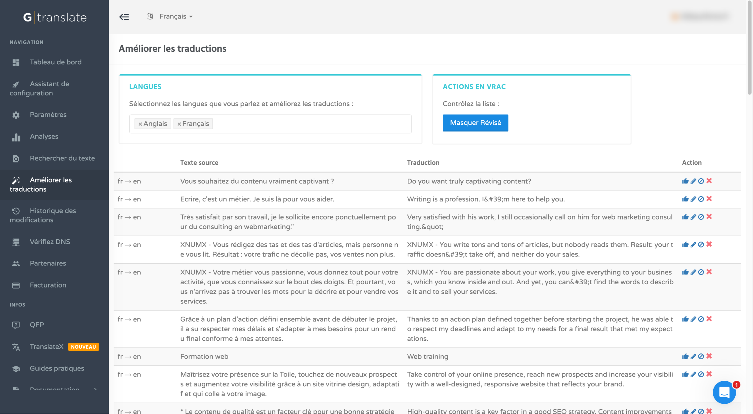 L'interface pour améliorer les traductions de GTranslate.