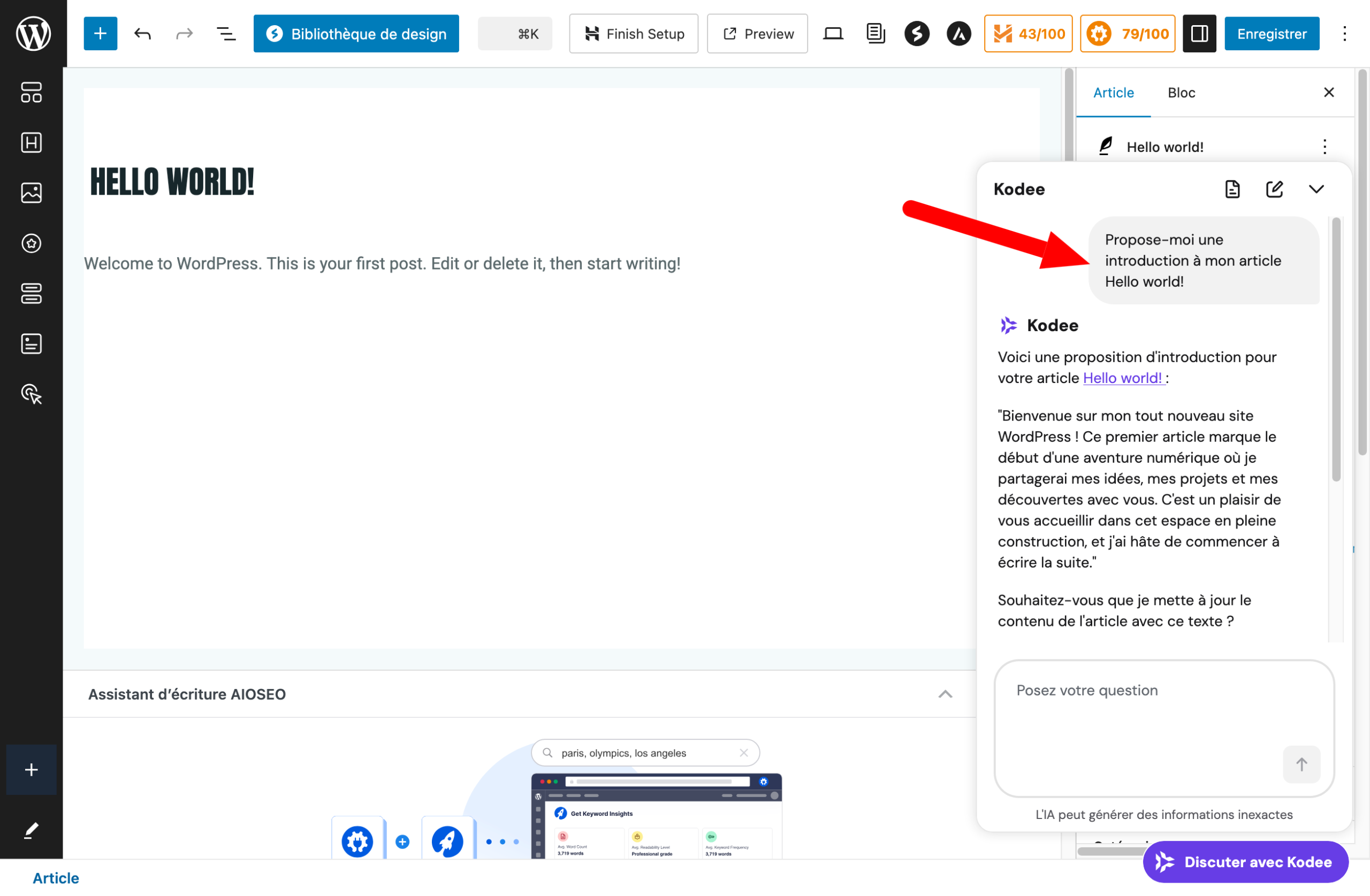 Le chatbot Kodee sur Gutenberg.
