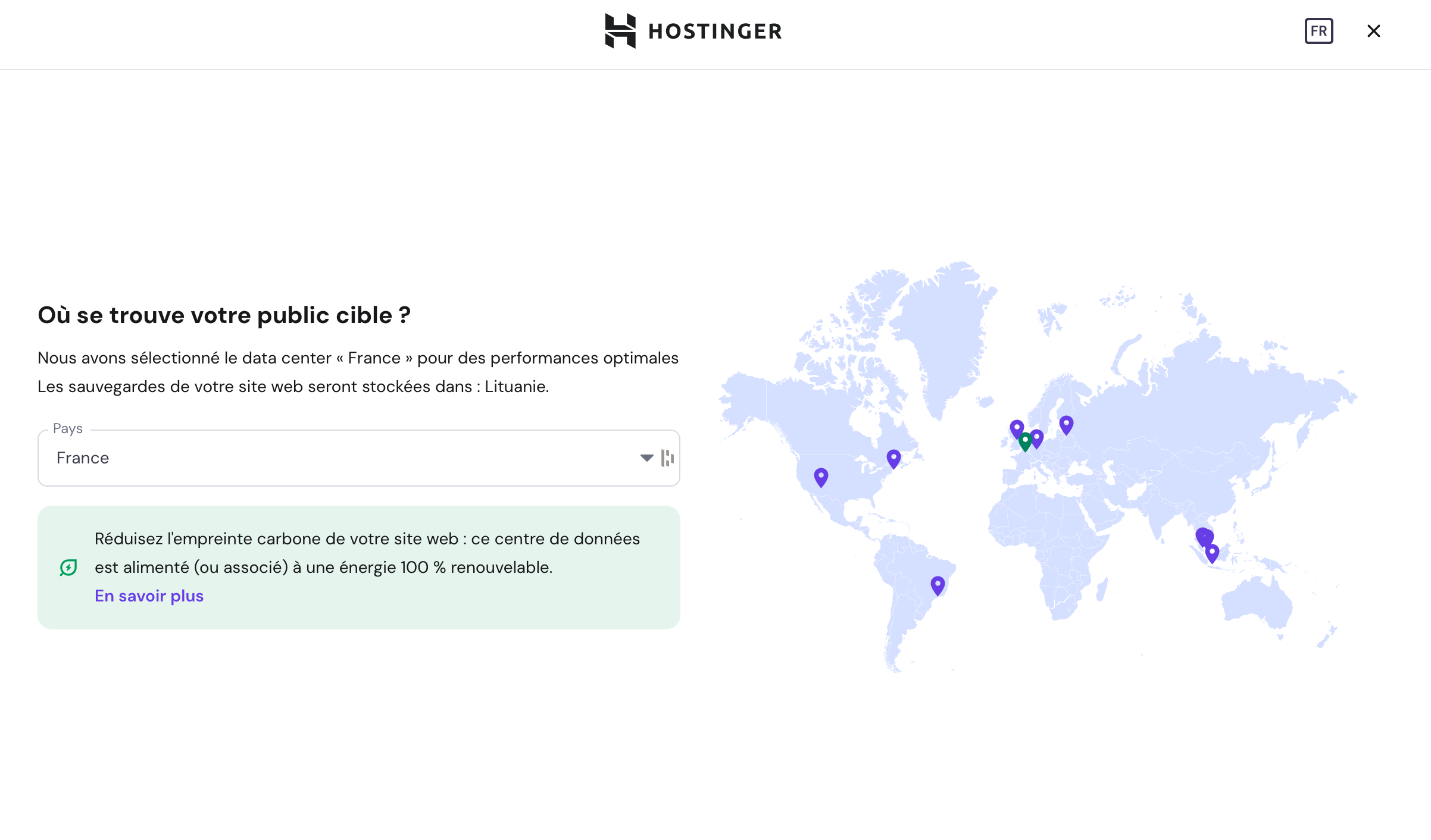 Carte des datacenters d'Hostinger.