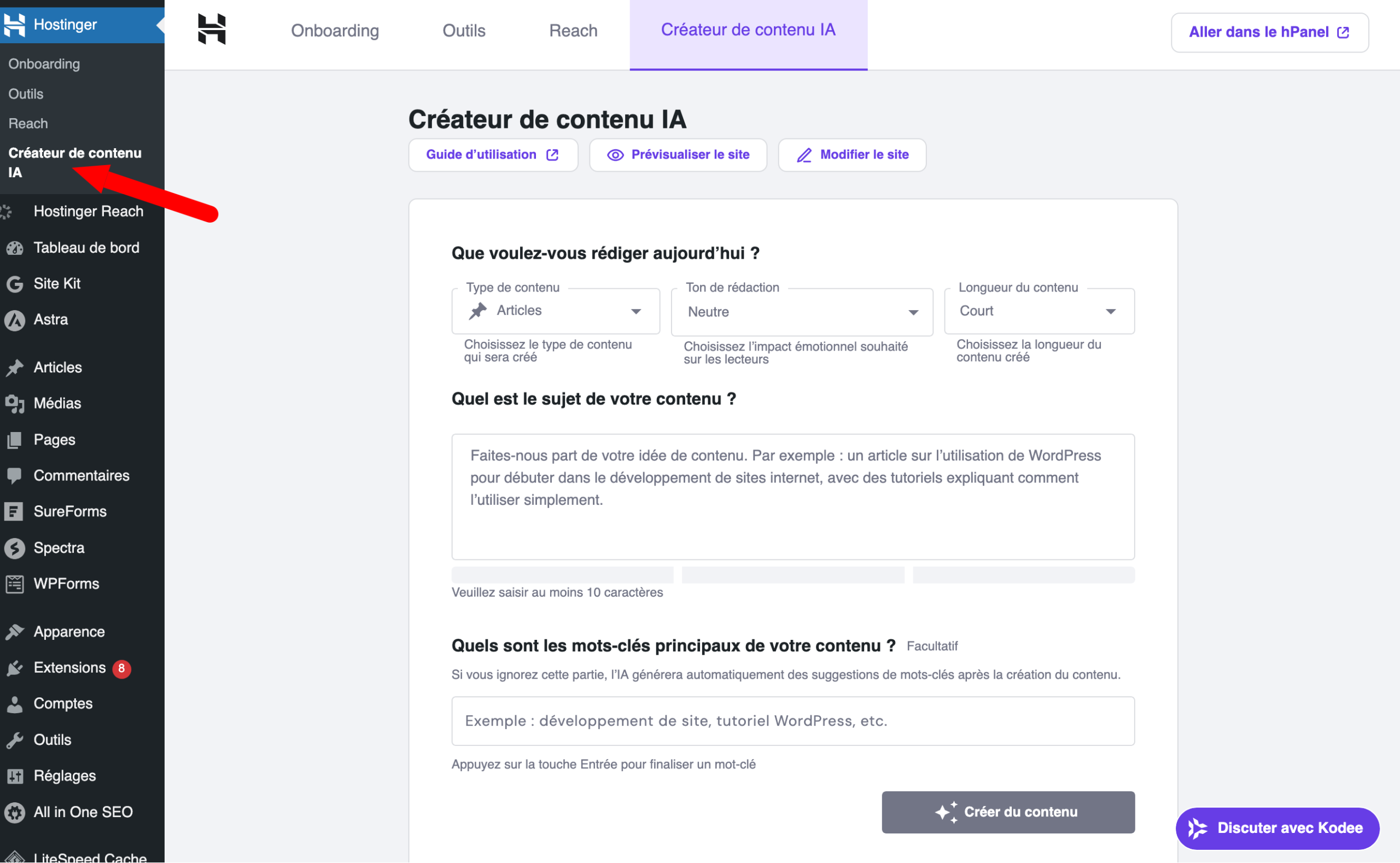 Le créateur de contenu IA d'Hostinger.