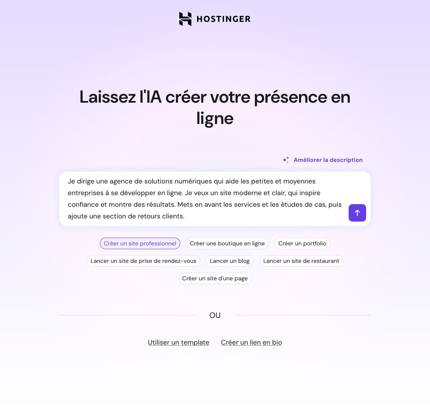 Création d'un site avec l'IA d'Hostinger.
