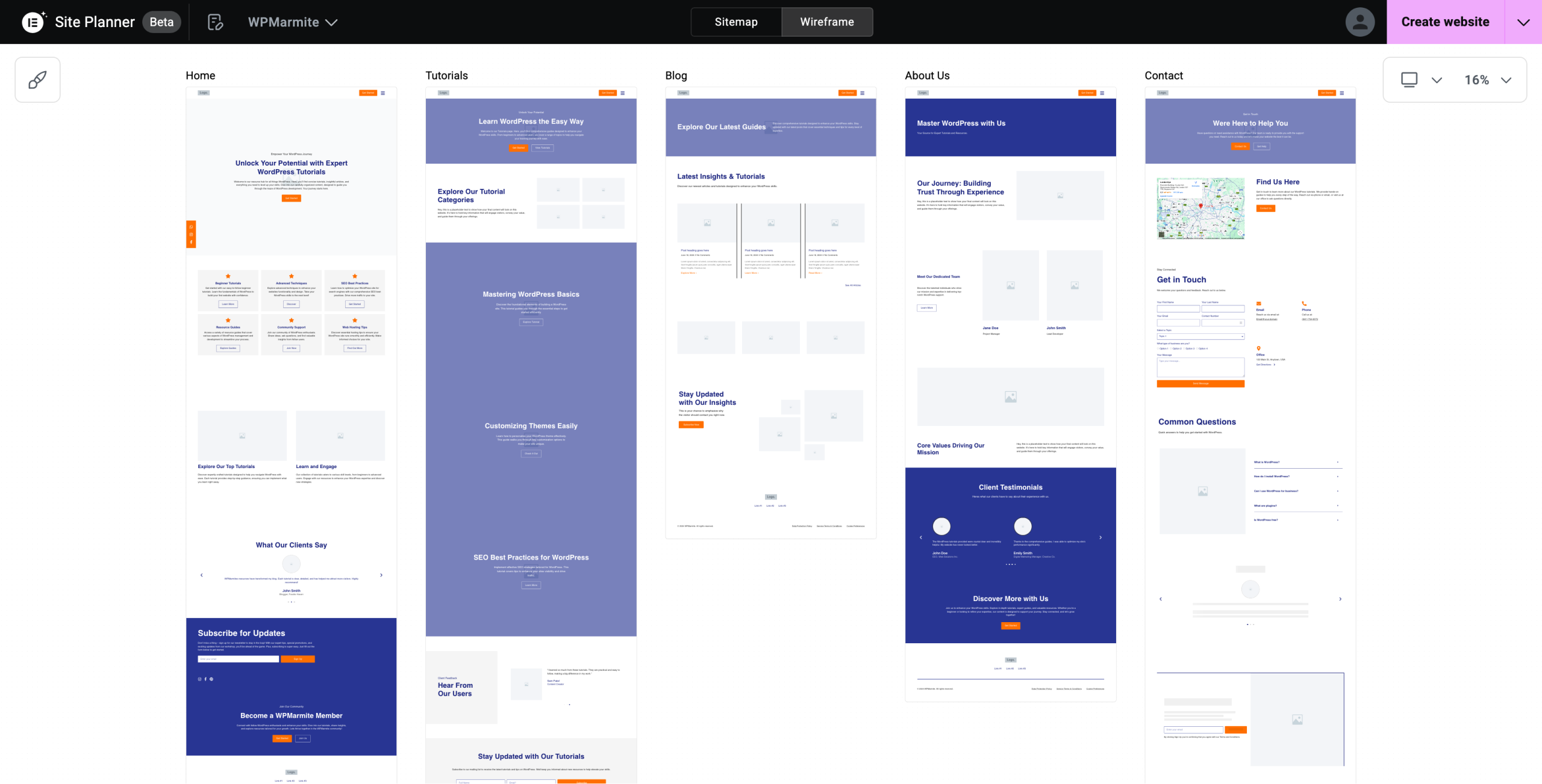 Elementor Site Planner wireframes.