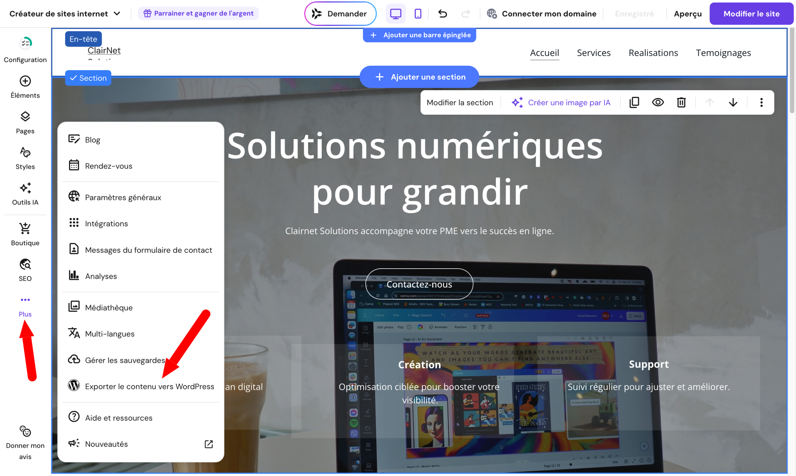 Export du contenu vers WordPress.