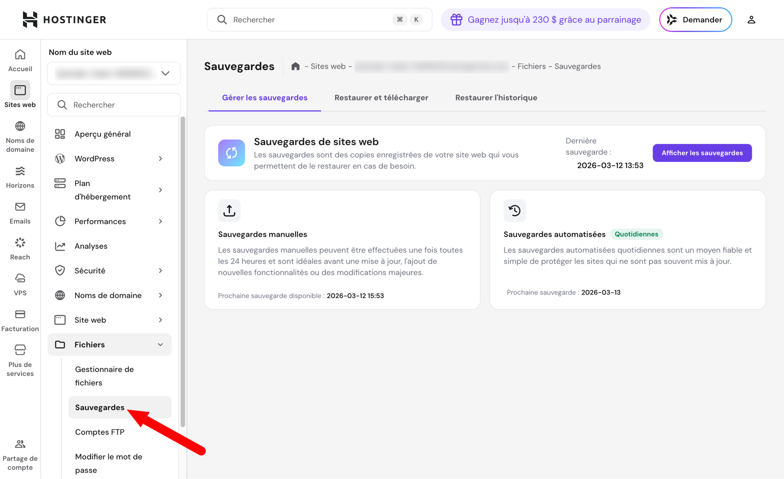Le menu Sauvegardes de hPanel.