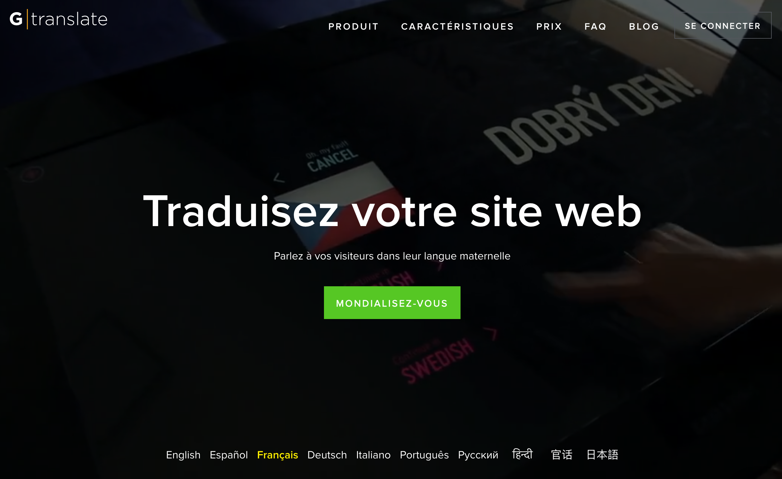 Page d'accueil de GTranslate.