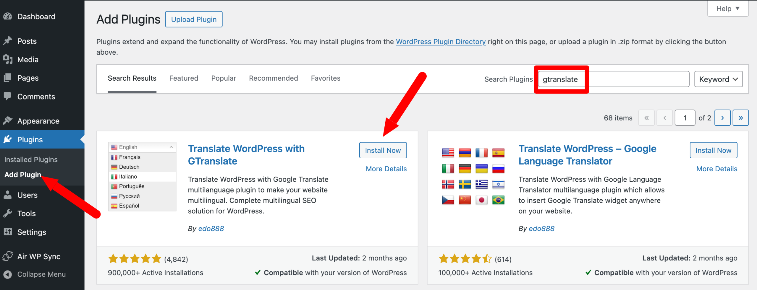Installing GTranslate on WordPress.