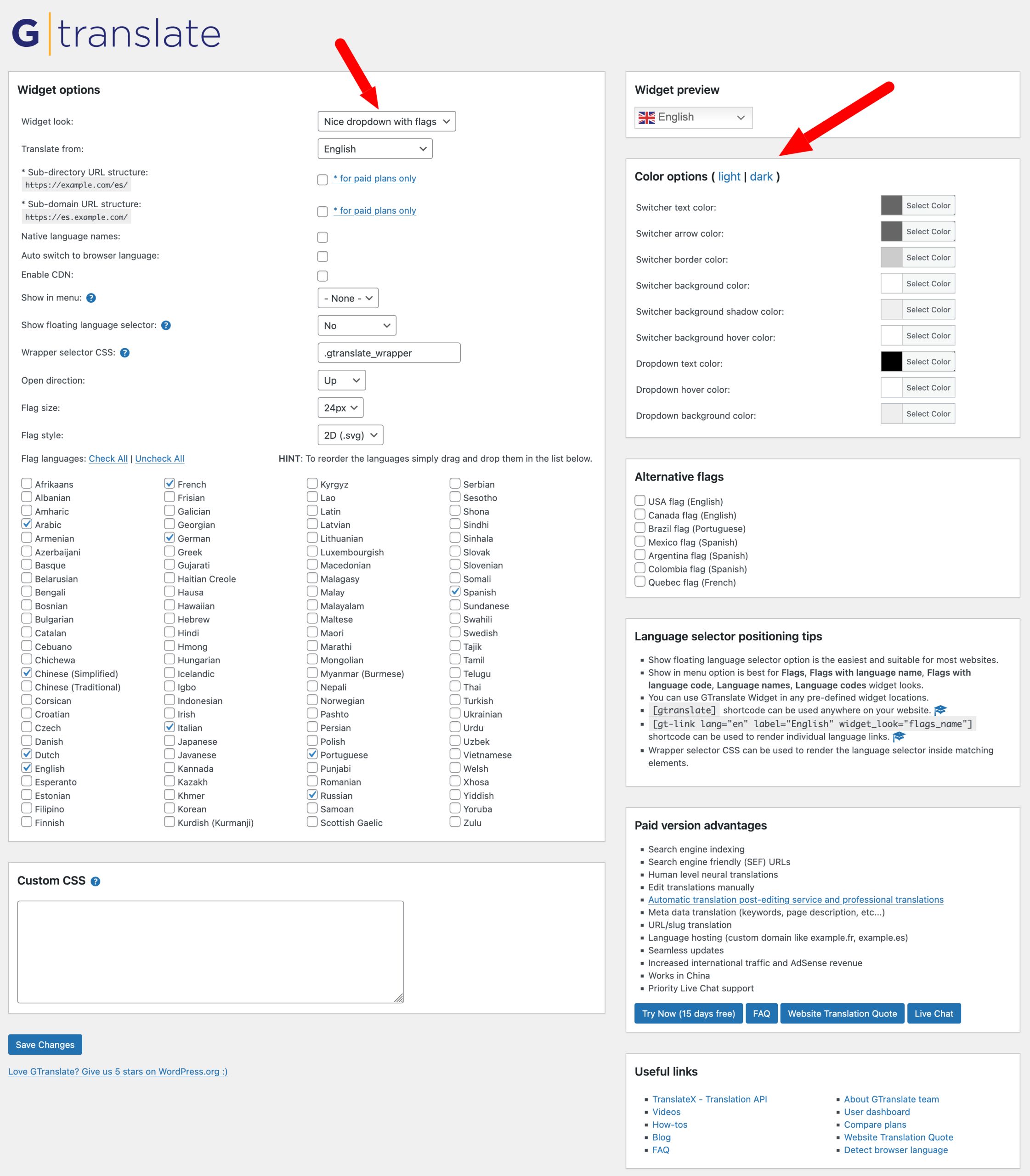 The GTranslate interface on WordPress.