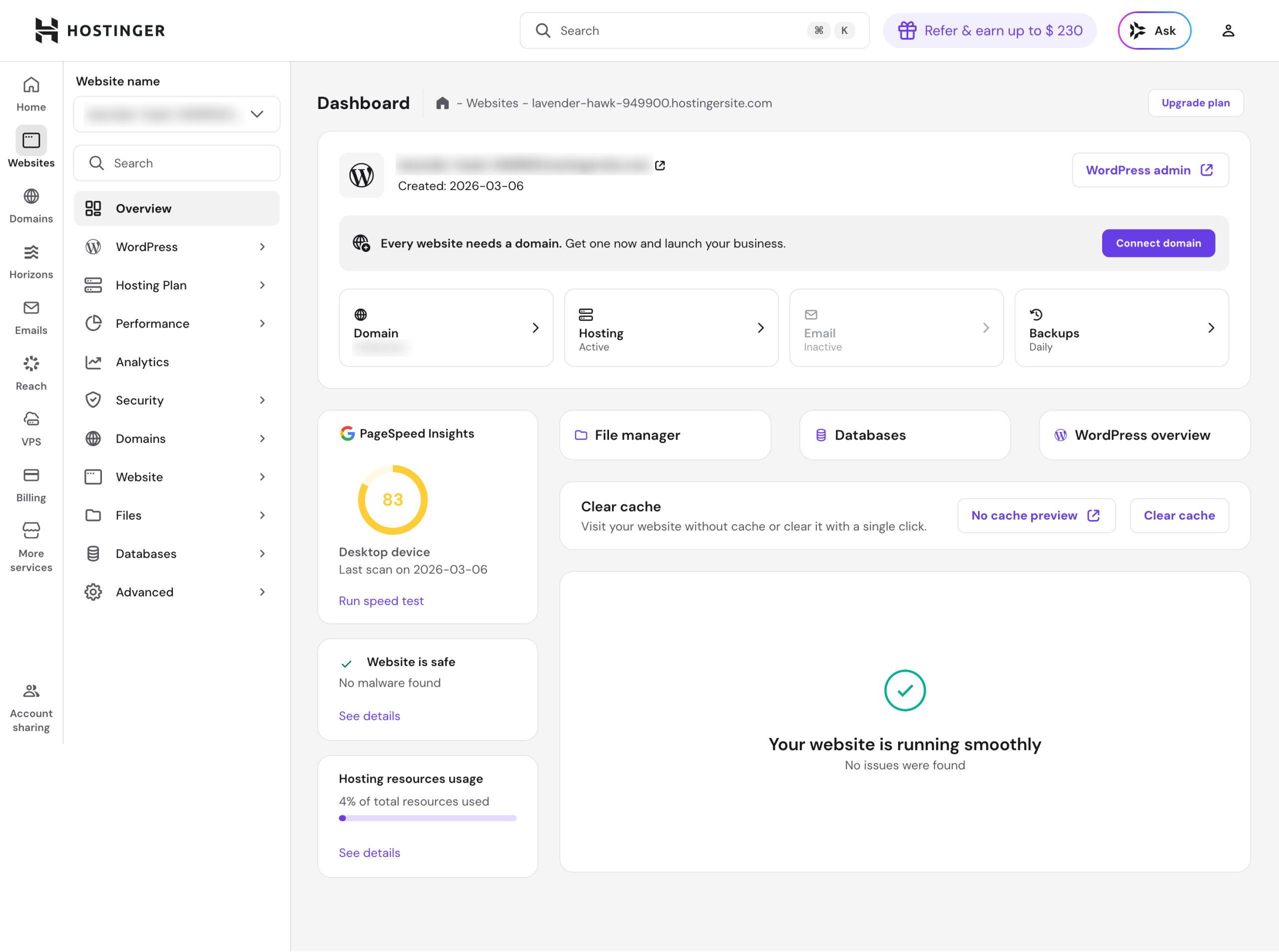 Hostinger's WordPress hosting hPanel.