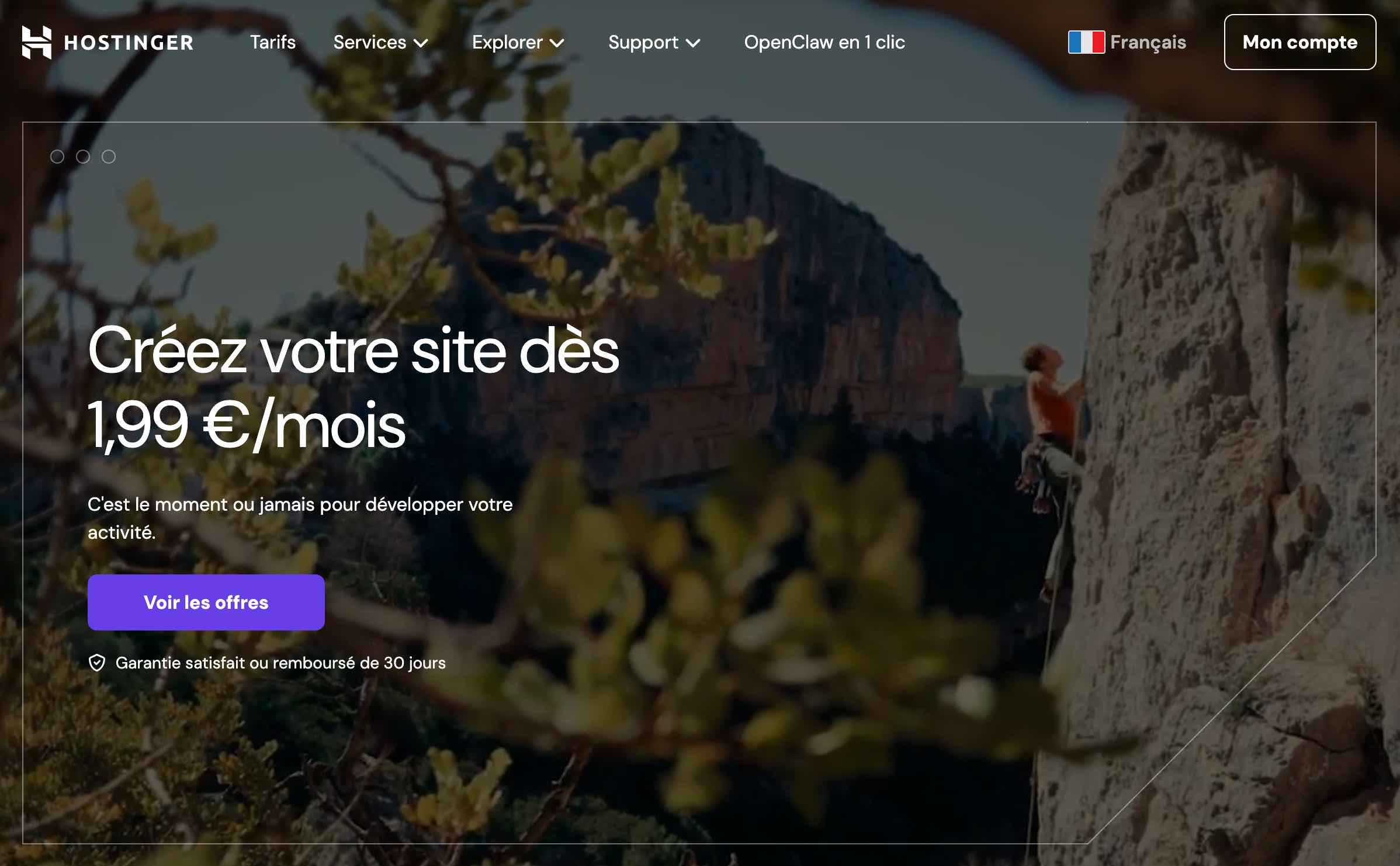 La page d'accueil du site d'Hostinger.