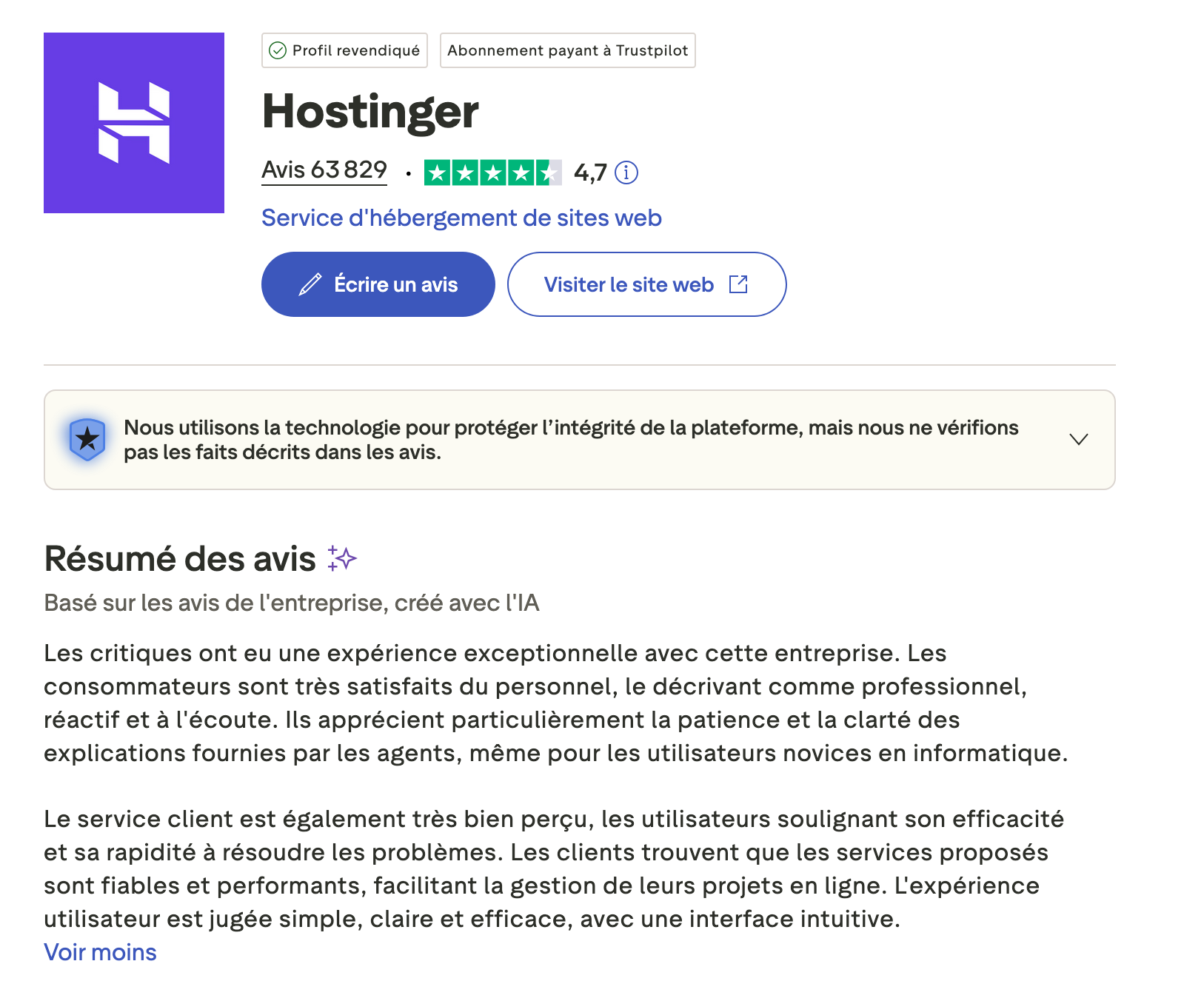 Avis Trustpilot sur Hostinger.