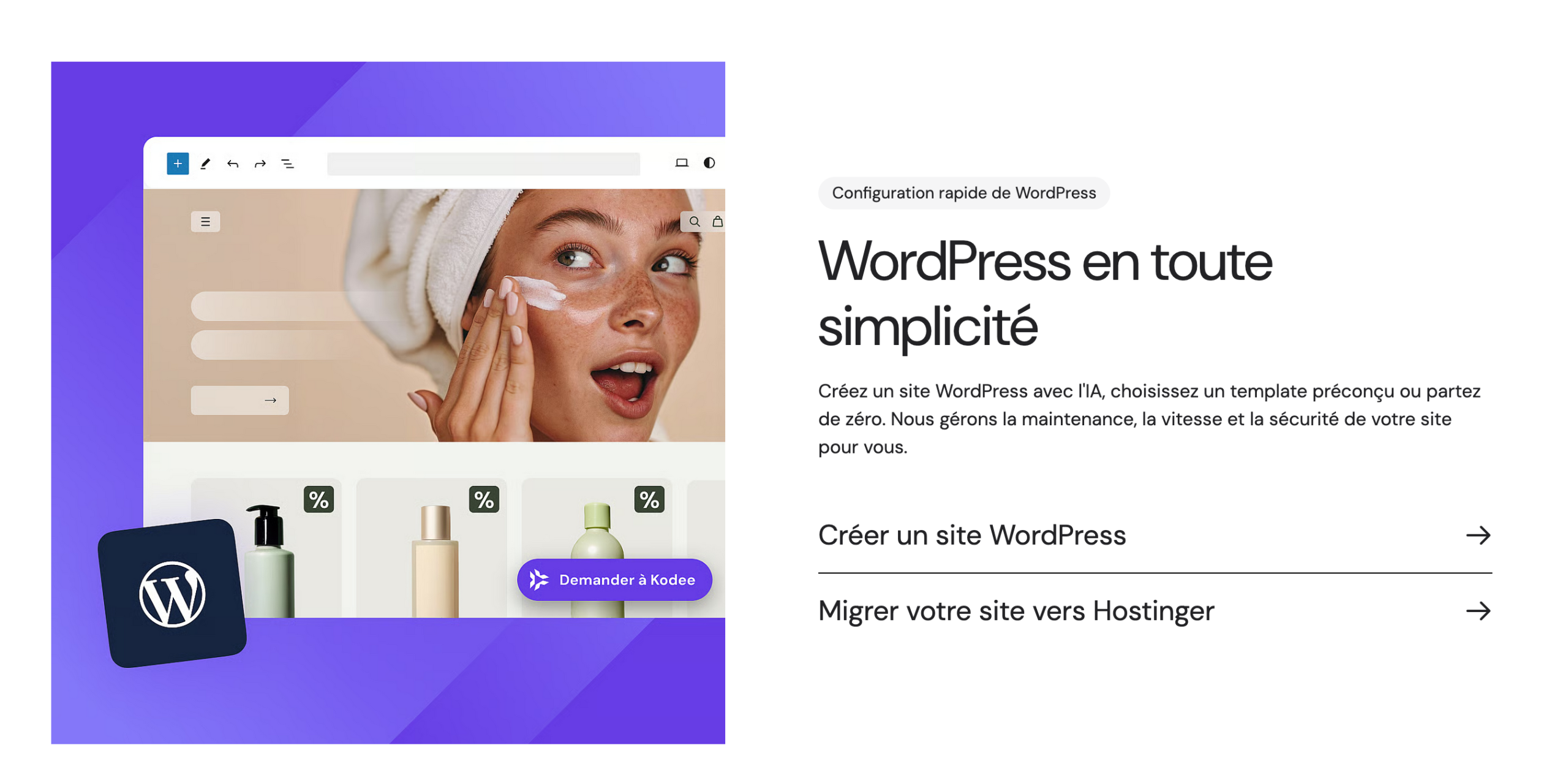 Hostinger permet de créer un site WordPress avec l'IA en toute simplicité.