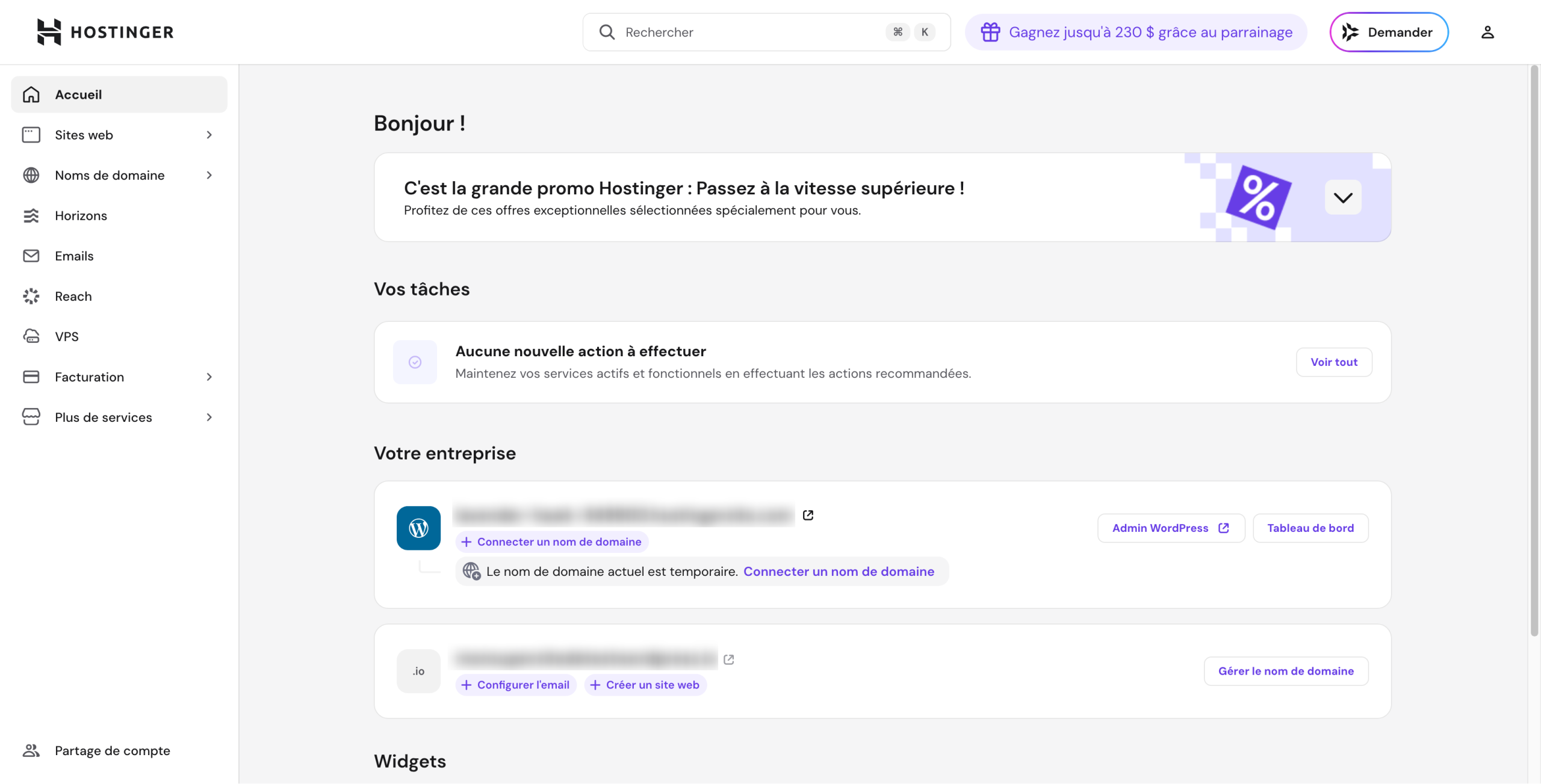 L'accueil du hPanel pour WordPress.