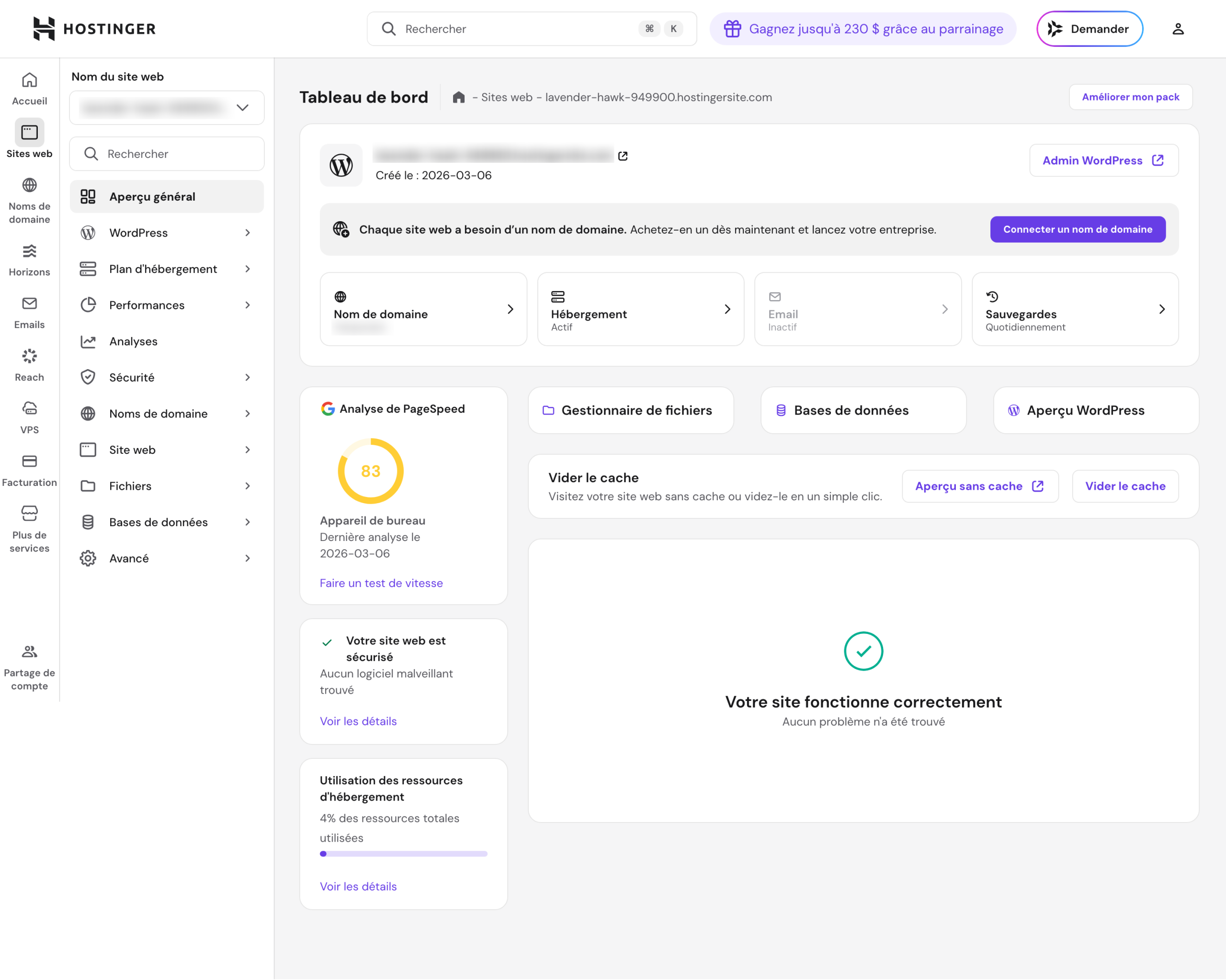 Le hPanel de l'hébergement WordPress d'Hostinger.