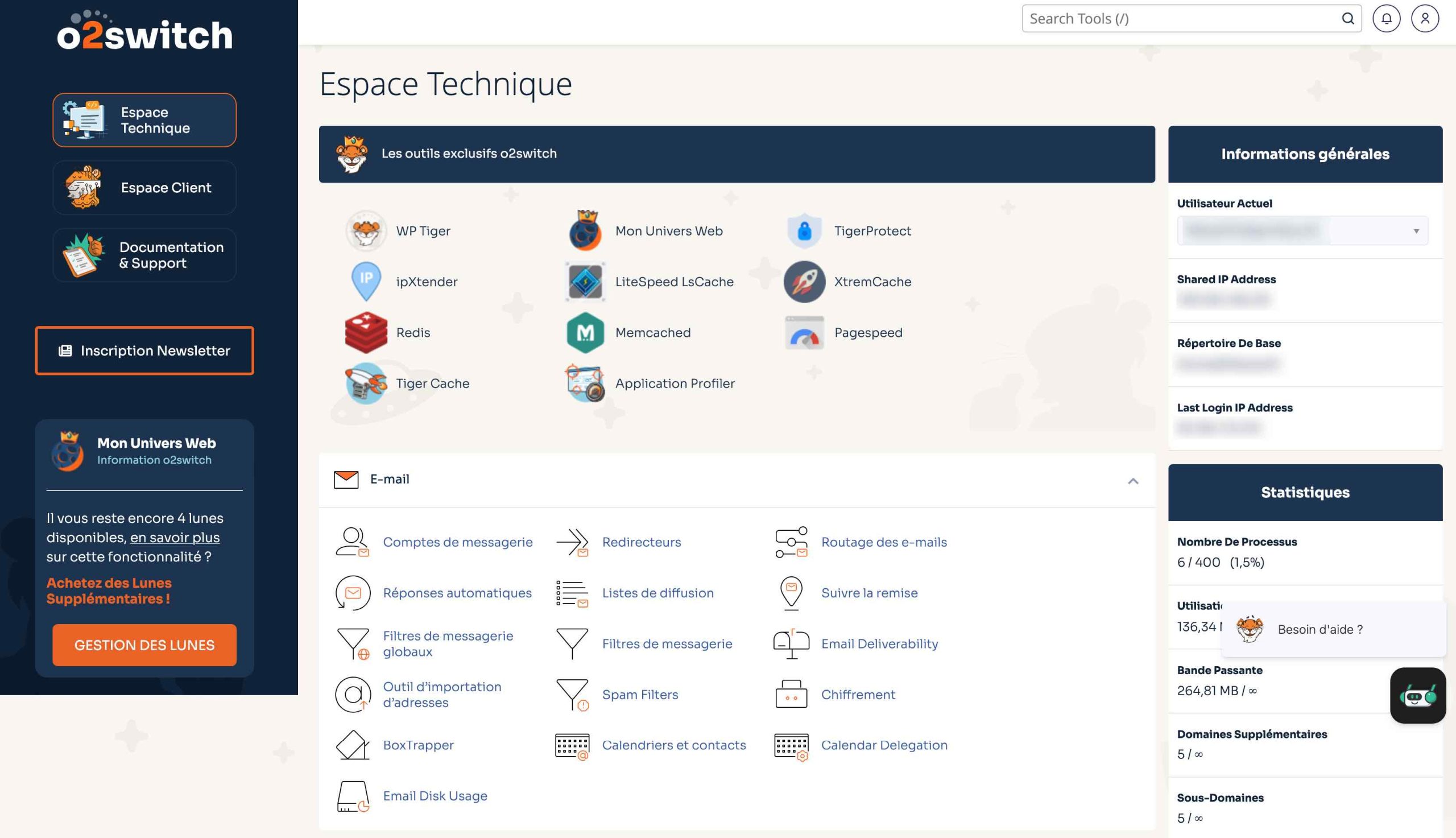L'interface serveur cPanel d'o2switch.