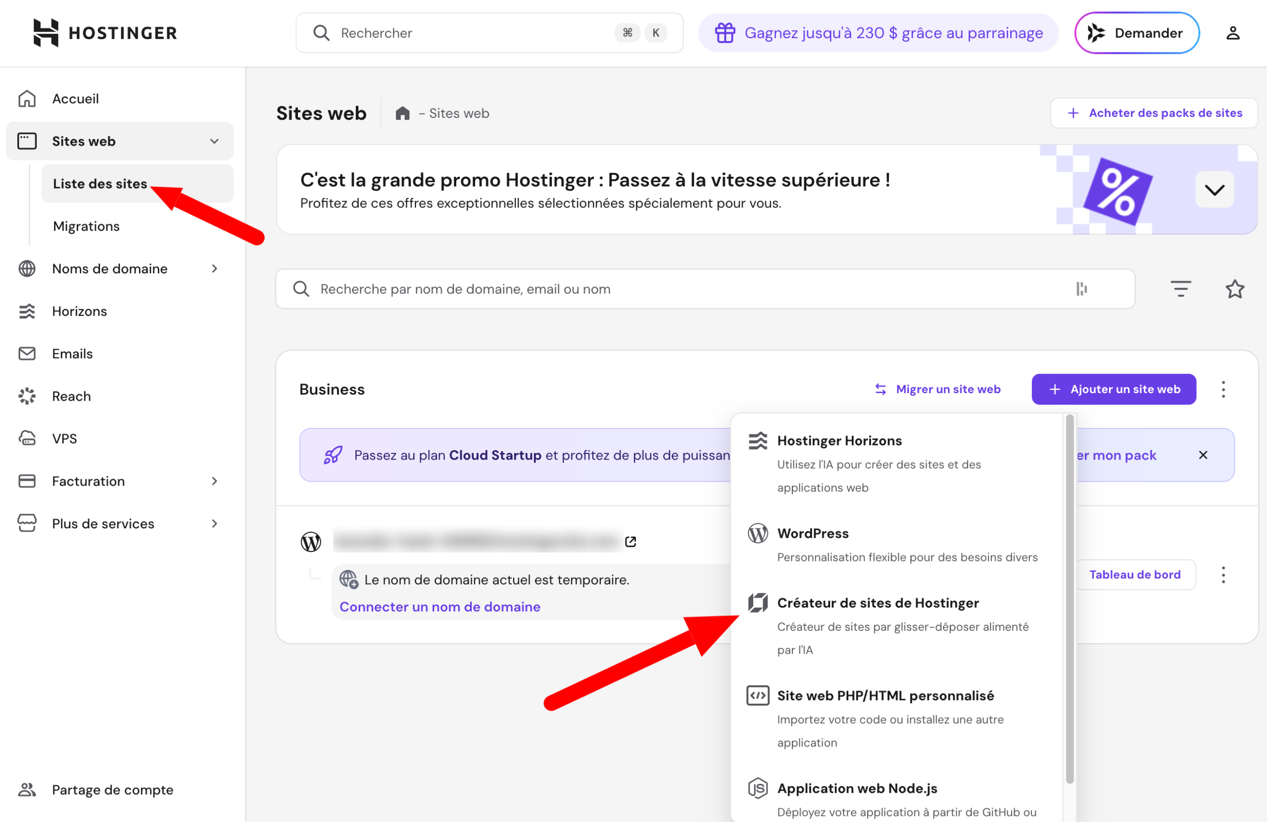 Lien vers le créateur de site par IA d'Hostinger.