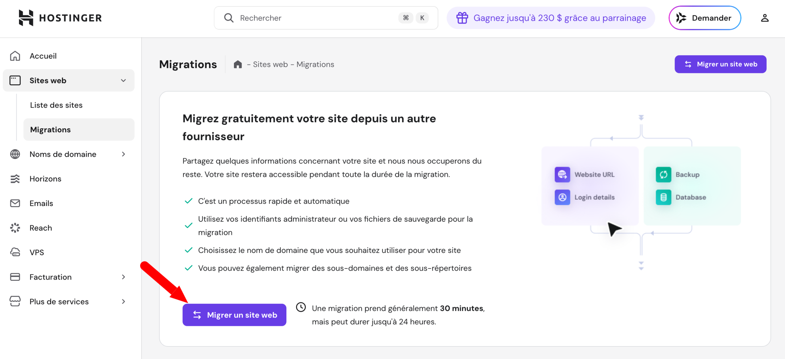 Le bouton pour migrer un site web.