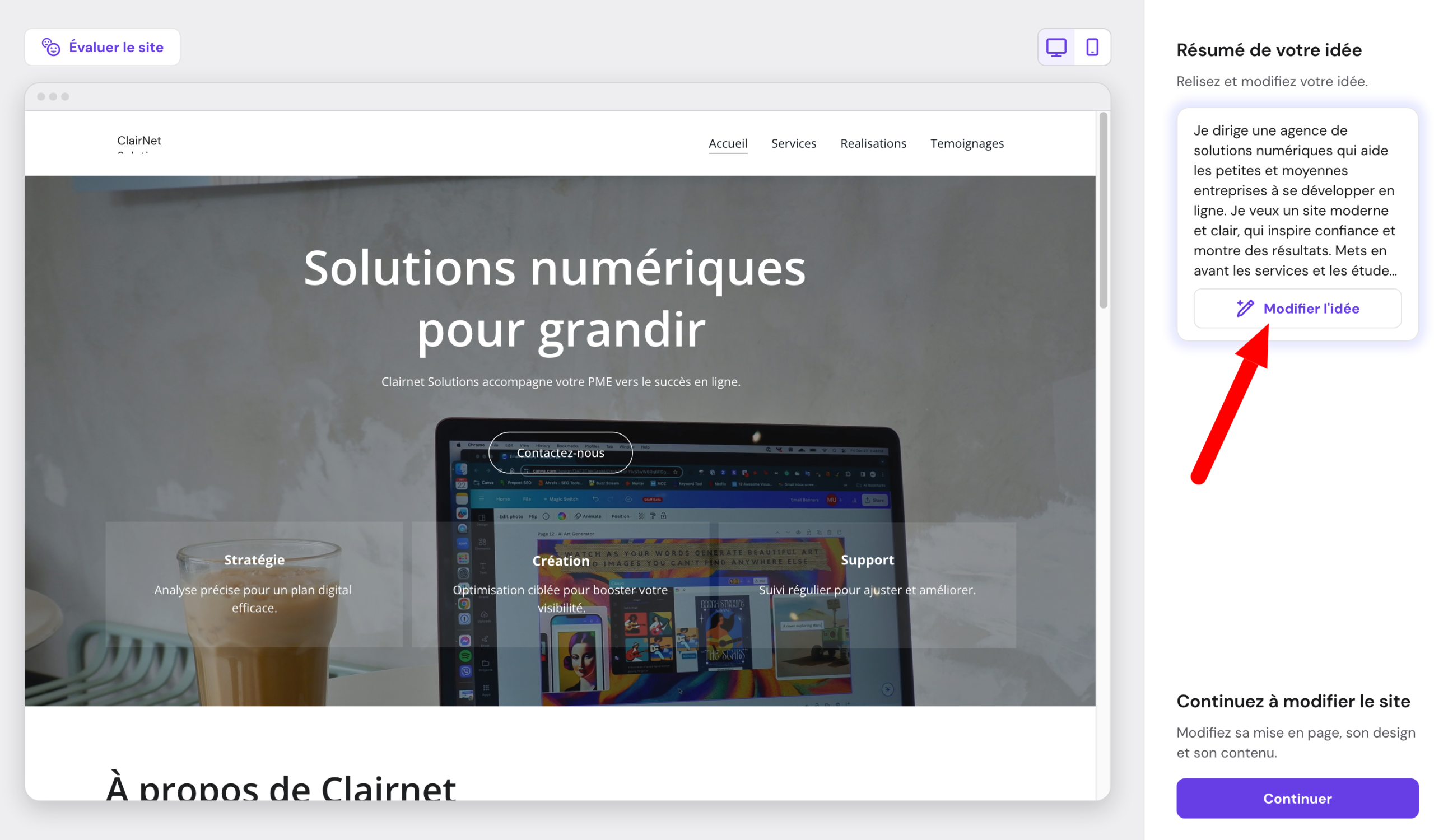 Modification de l'idée du créateur de site IA d'Hostinger.