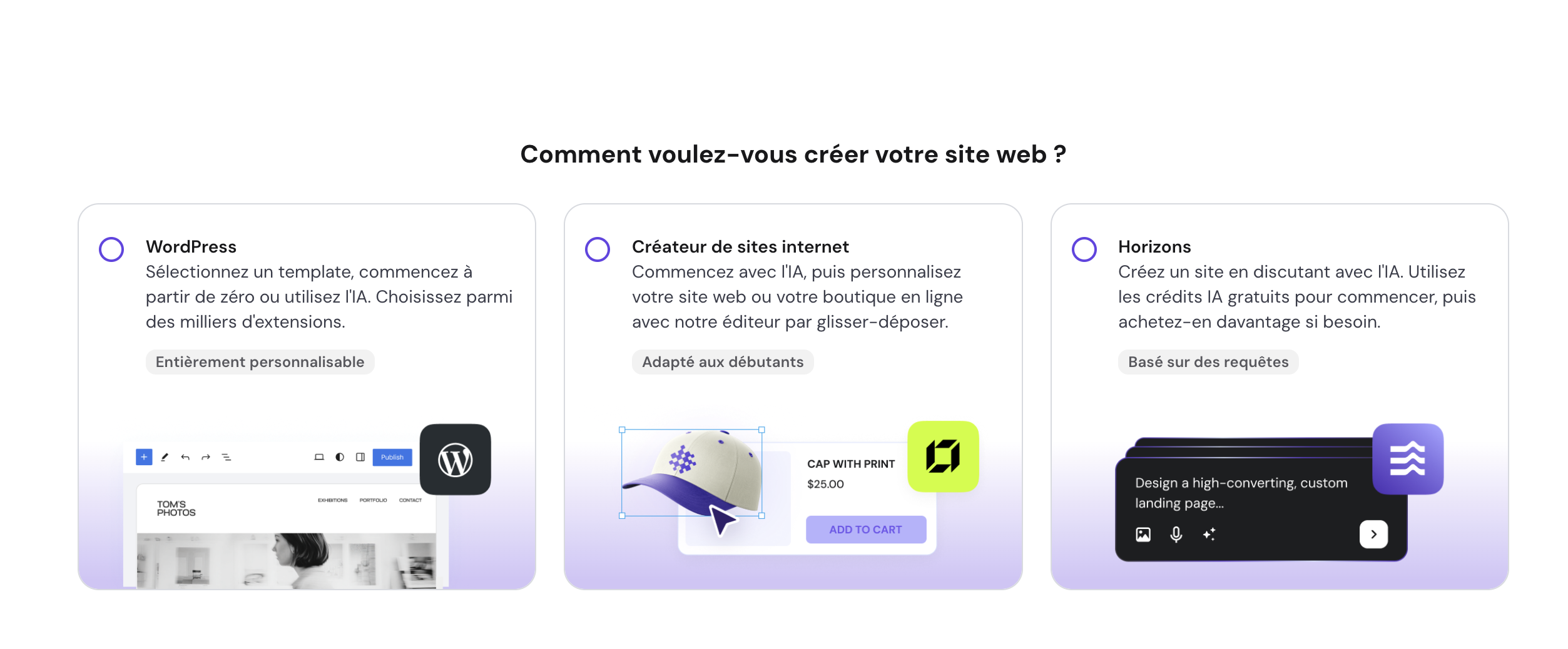 Les options de création de site proposées par Hostinger.