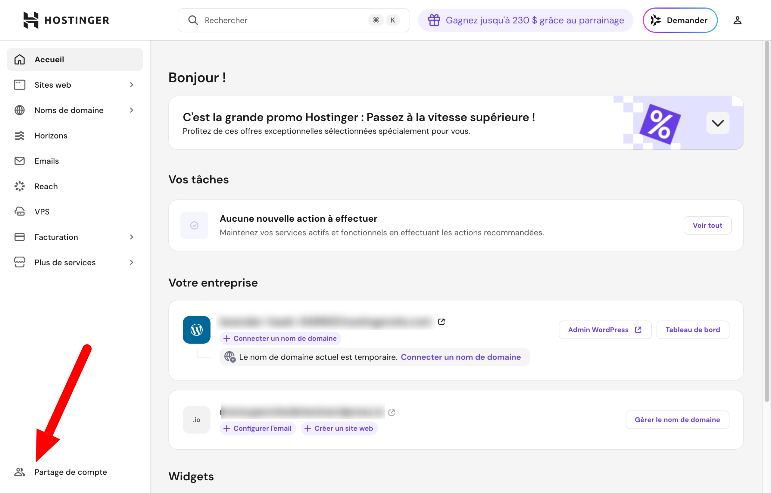 Partage de compte sur le hPanel d'Hostinger.