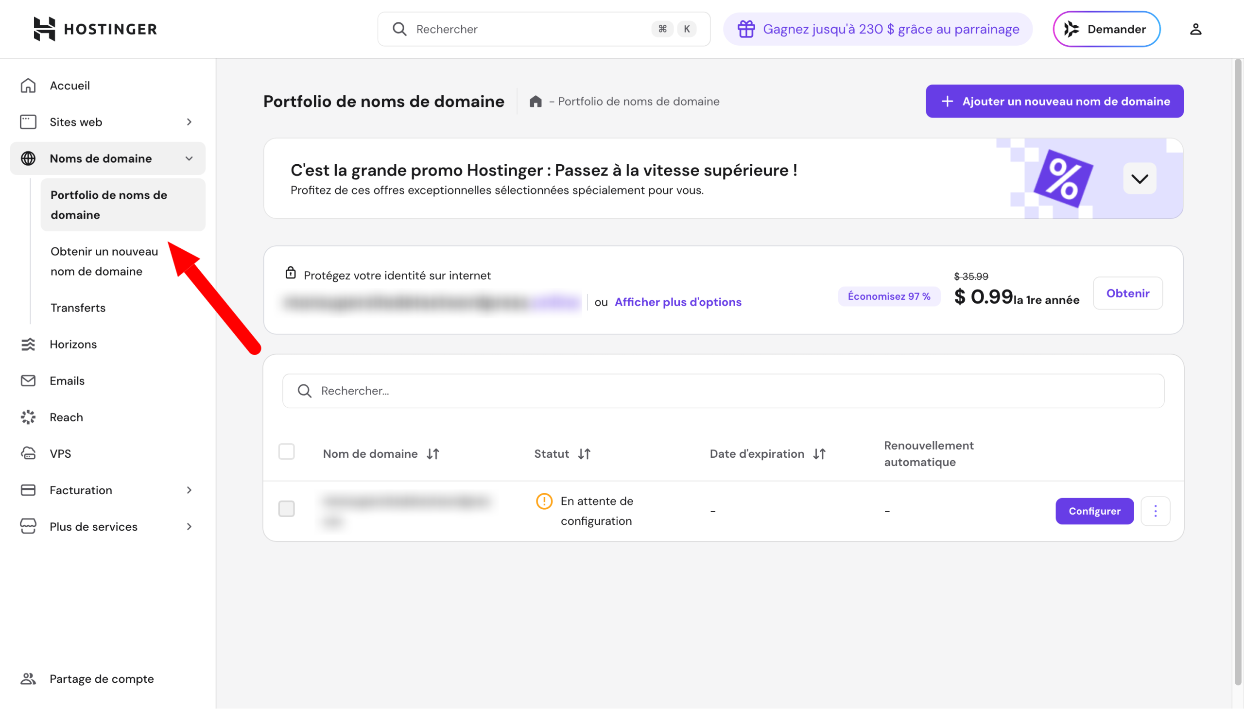 Un sous-menu du hPanel.
