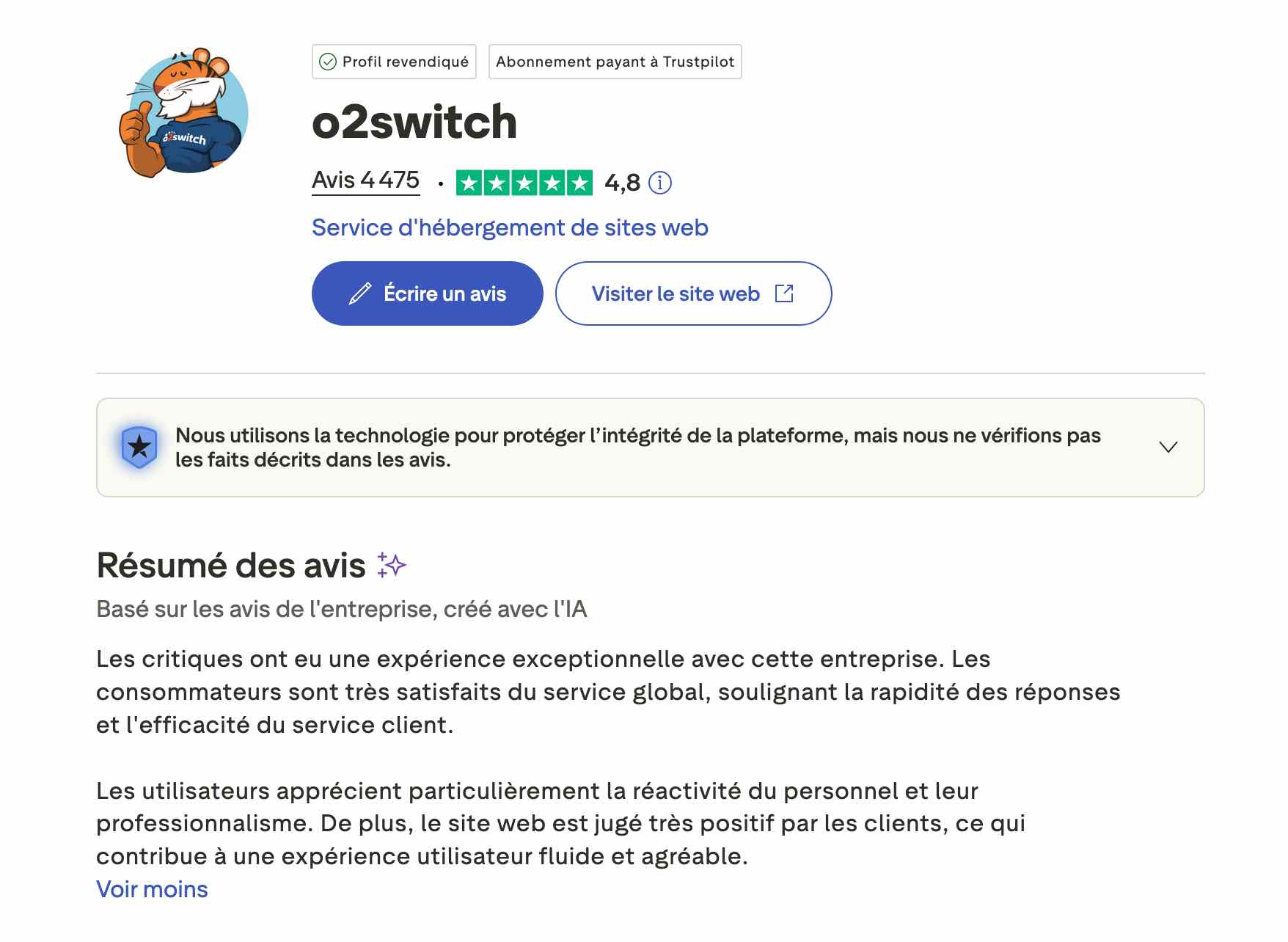 Témoignage Trsutpilot sur o2switch.