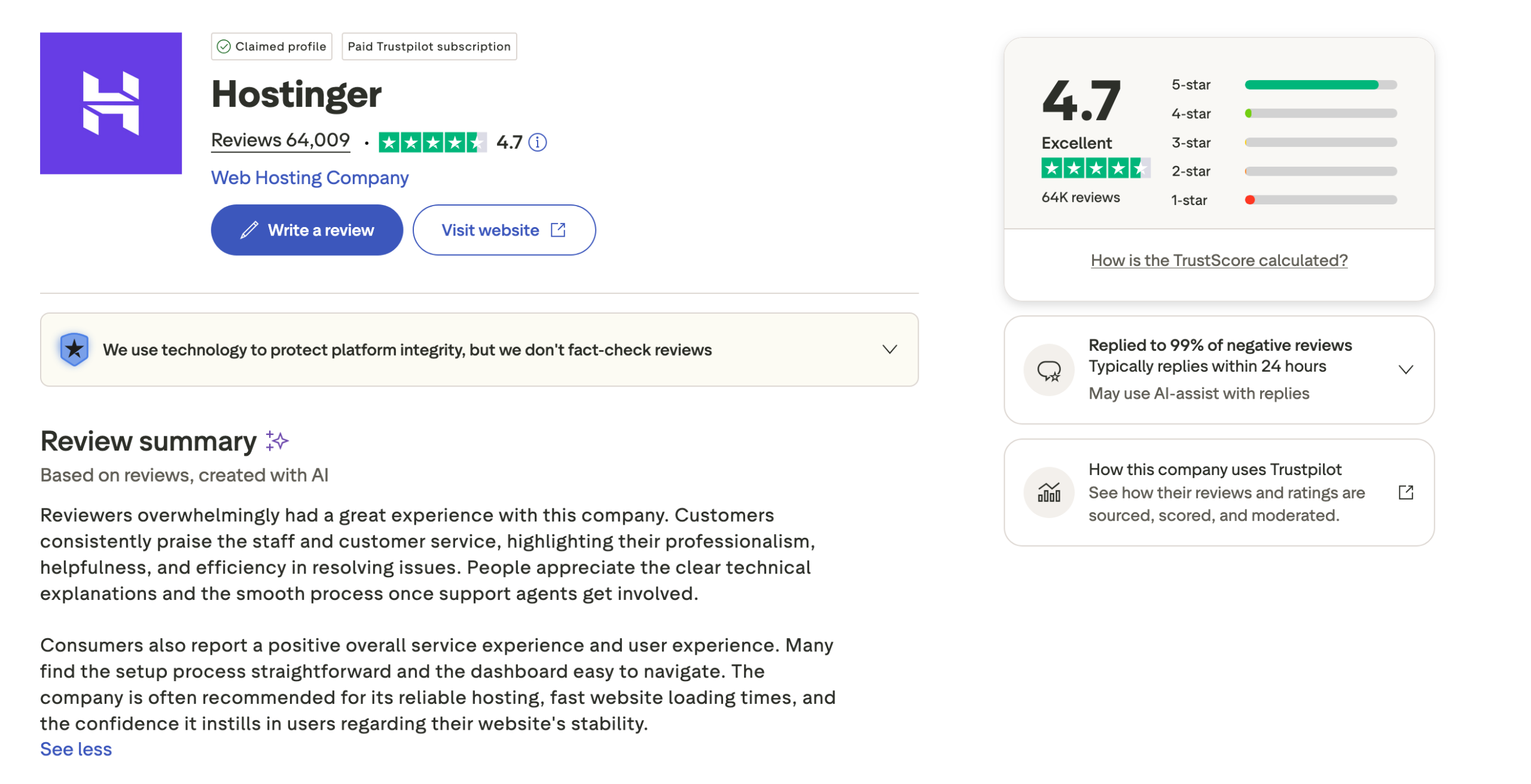 Customer reviews of Hostinger on Trustpilot.