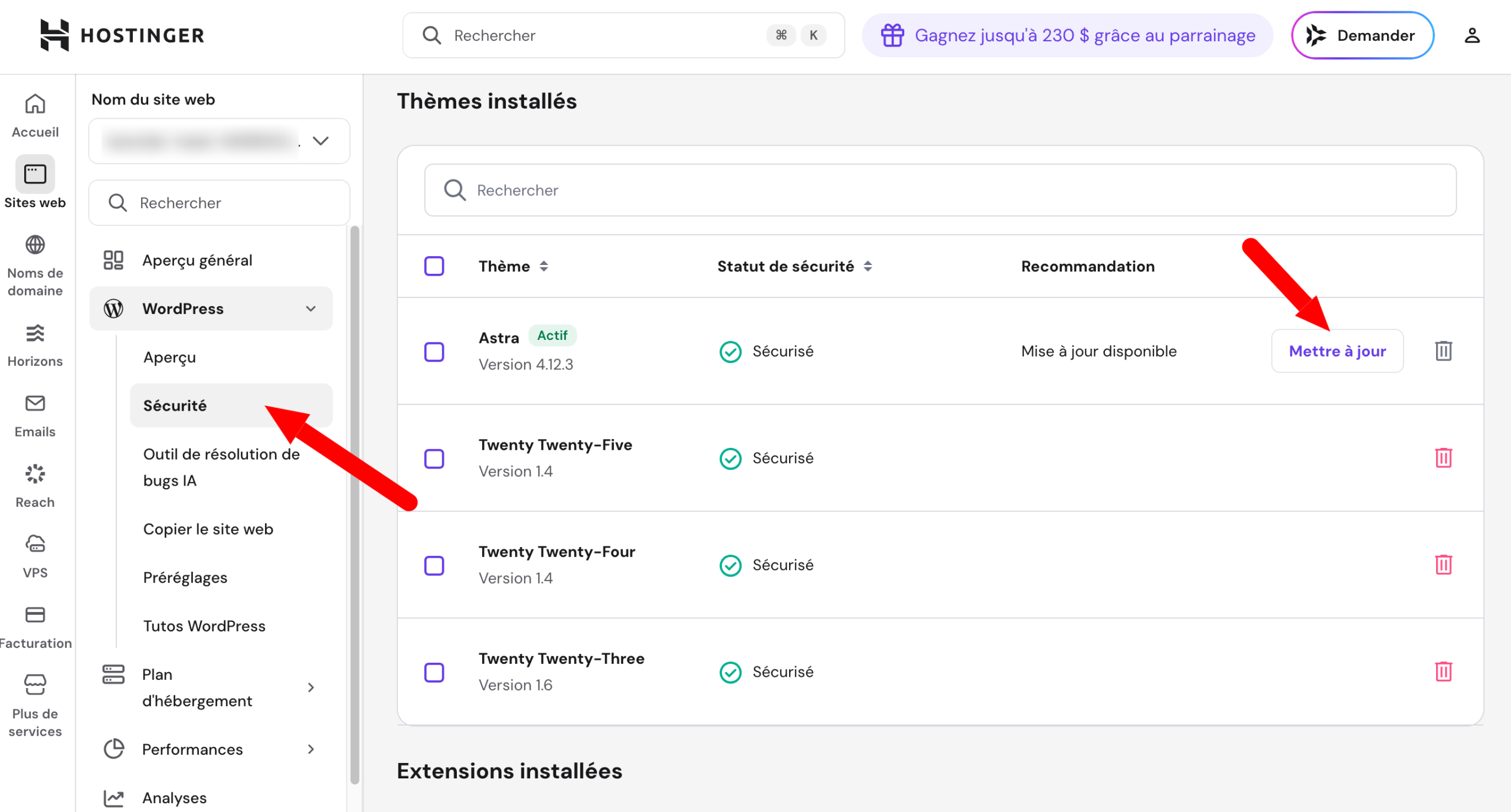 Outil de mise à jour de WordPress sur le hPanel d'Hostinger.