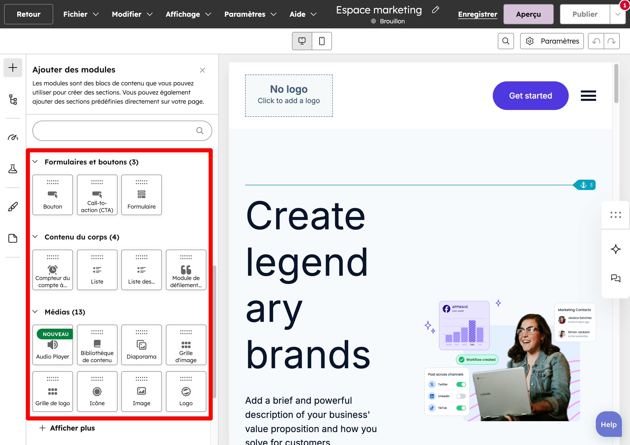 Les blocs de l'éditeur drag and drop de HubSpot.