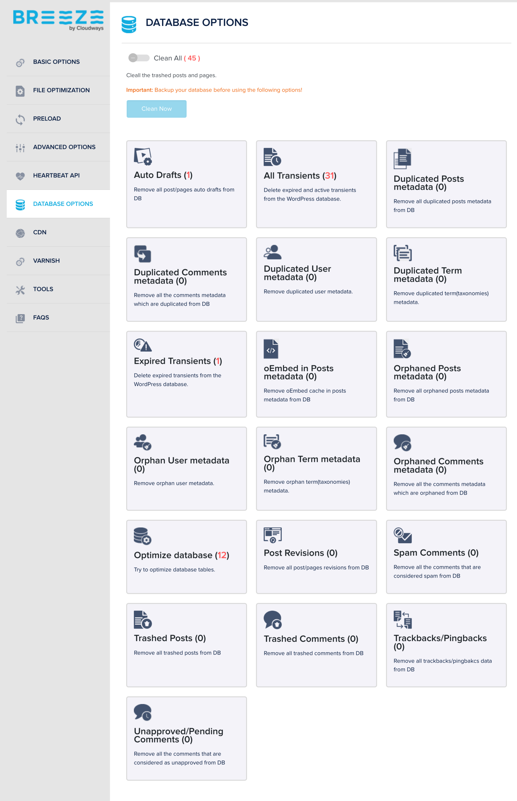 Database options in the Breeze plugin.